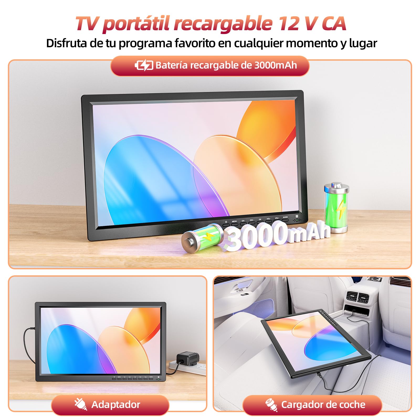 Desobry TV portátil de 15,6 pulgadas1080P Digital DVB-T2, Mini televisión con batería Recargable Que admite Entrada USB HDMI AV, TV de 12v con Cargador para Coche y Mando a Distancia y Antena