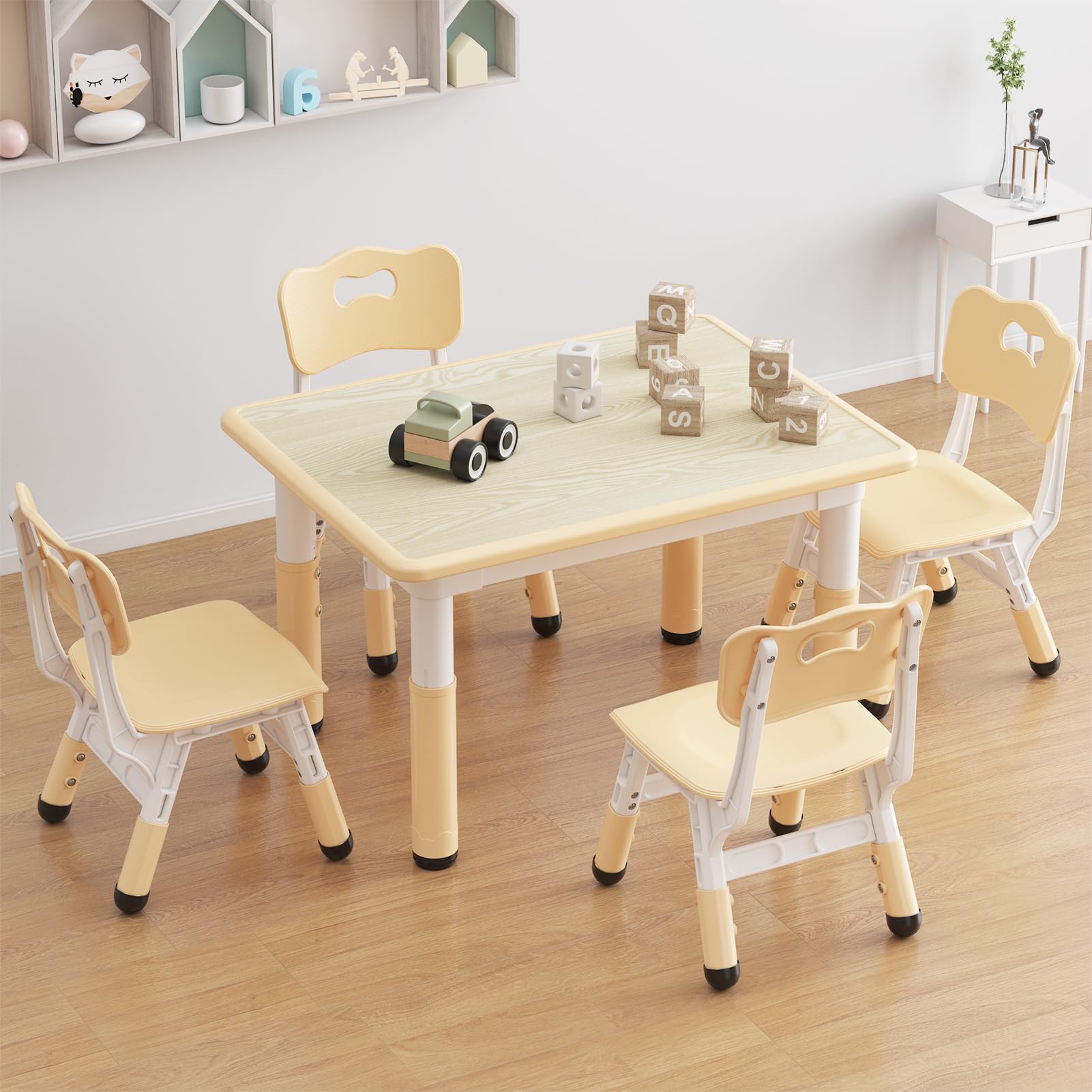 Table Enfant avec 4 Chaises, Ensembles de Table et Chaise Enfant pour Maternelle Creche,Réglables en Hauteur,avec Plateau Graffité et Coussin Anti-dérapant—Couleur Bois