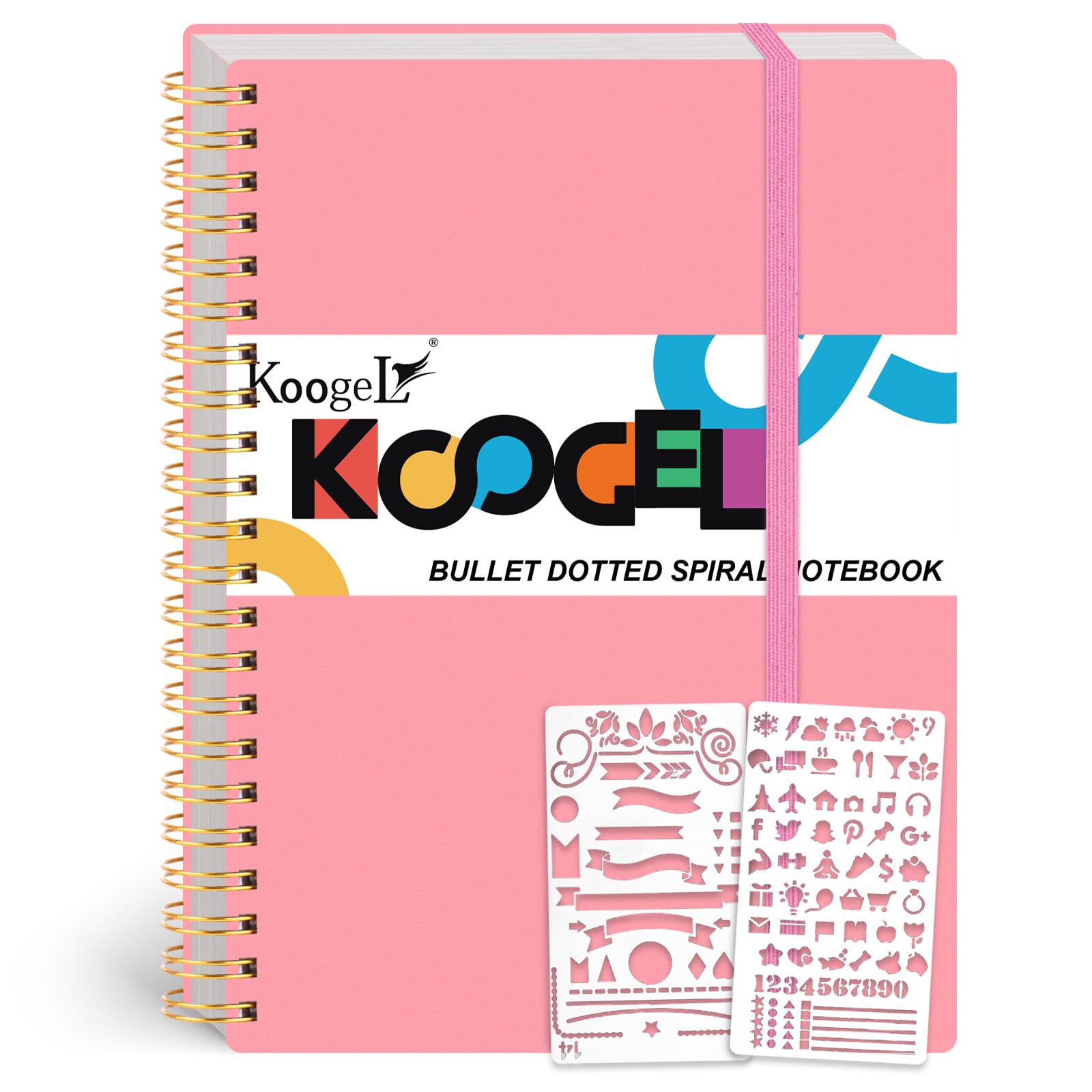 Koogel Cuaderno de notas con puntos rosados, espiral A4, 21 x 29 cm, con plantilla de pintura, cubierta impermeable, papel cuadrícula punteada de 5 x 5, 300 páginas/150 hojas para oficina y escuela
