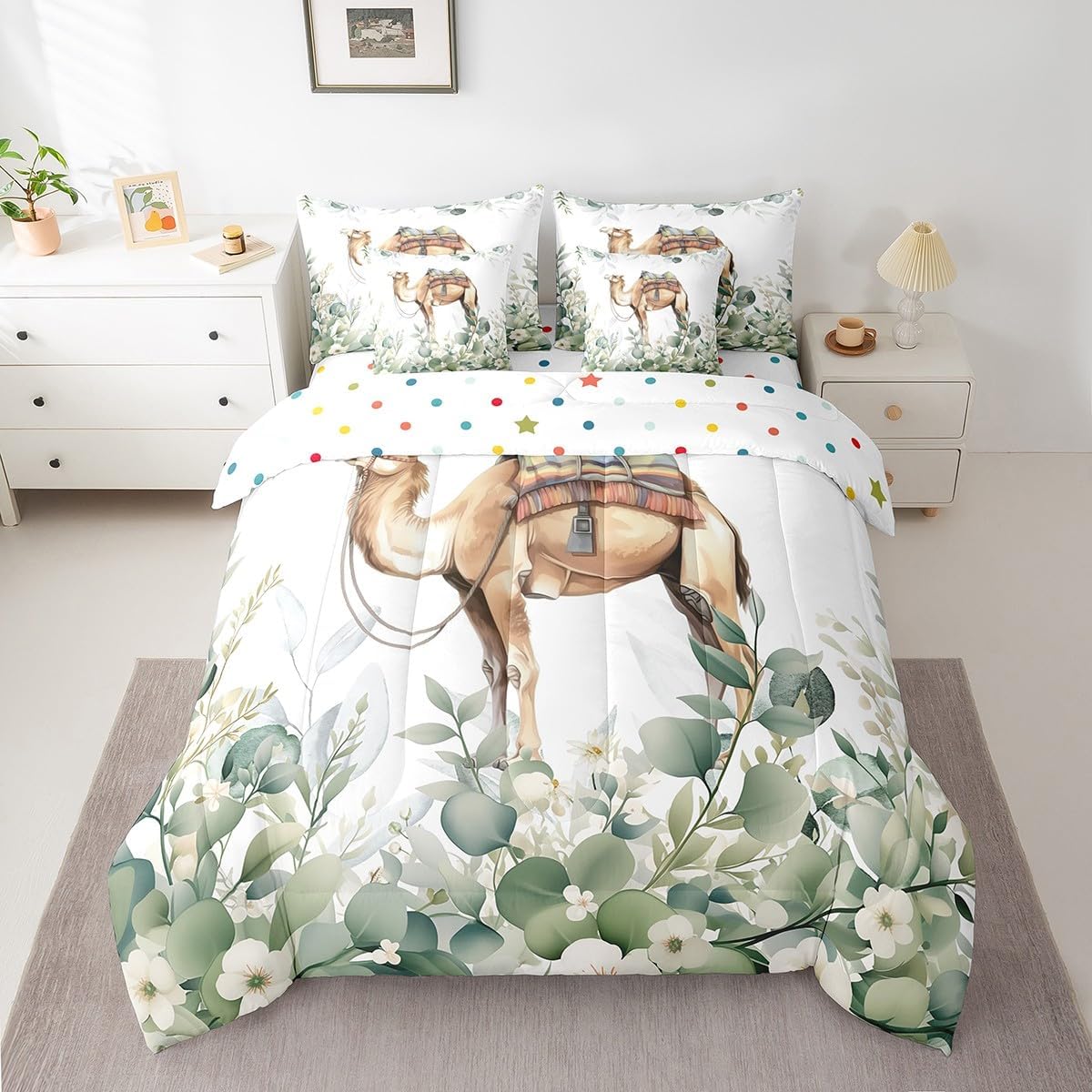 Erosebridal Boys Cartoon Animal Bed in a Bag 7-Piece for Kids Kawaii Camel Bedding Set, Desert Animal Queen Comforter Set Tropical Wildlife Bedding Comforter Sets, Botanical Green Eucalyptus Bed Set