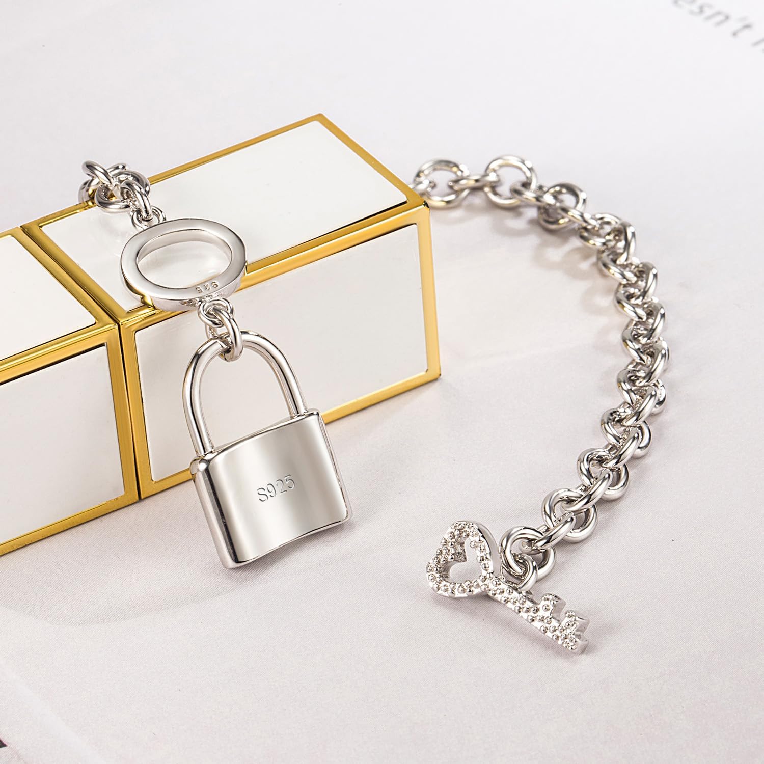 Charm Women 925 Sterling Silver Key Lock Pendant Bracelet Fashion Solid Silver Rolo Chain Bangle Fine Jewelry Gift For Wife & Girlfriend (Square lock style, 8.5 inch) - Image 5