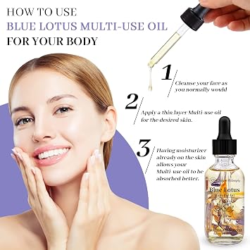 Blue Lotus Multi-Use Body Oil for Face, Hair & Skin Lightweight Botanical Oil with Jojoba & Camellia Seed Oil, Hydrating Plant Fragrant Oil for Dry Skin, Scalp & Nails 2 Fl Oz (60ml)