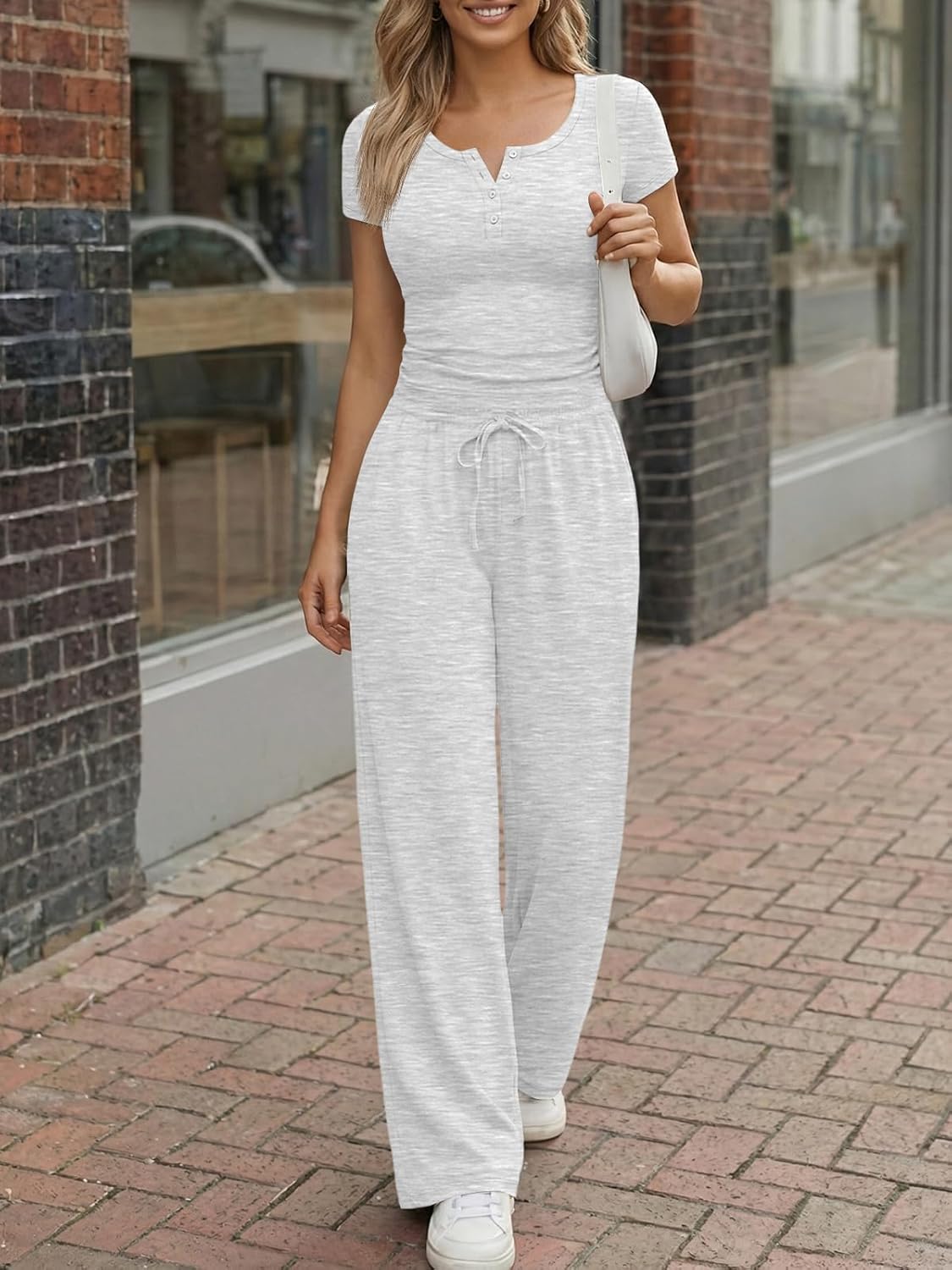Trendy Queen Women's 2 Piece Matching Lounge Sets Summer Henley Neck Slightly Crop Top Wide Leg Pants Casual Sweat Suit - Image 2