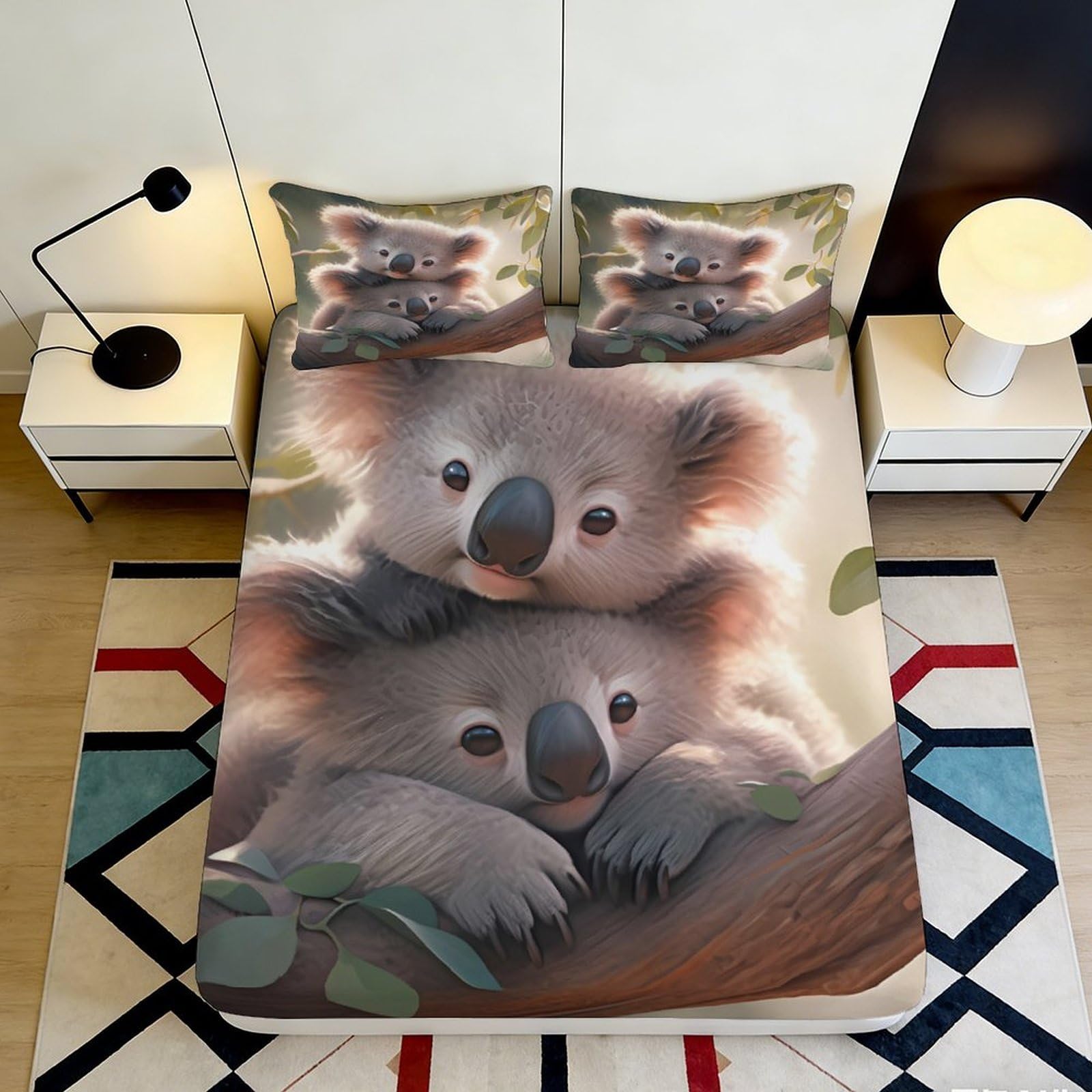 3D Printed Koala Family Fitted Sheet Microfiber Soft Non-Slip Bed Cover for Bedroom Guest Room Easy Care Decor 90x200x25cm