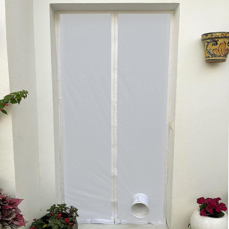 HOOMEE Ajtótömítés Mobil Klímákhoz Kipufogócső Hosszabbítóval, Zipzáras Fehér Tömítőfólia 90x210 cm