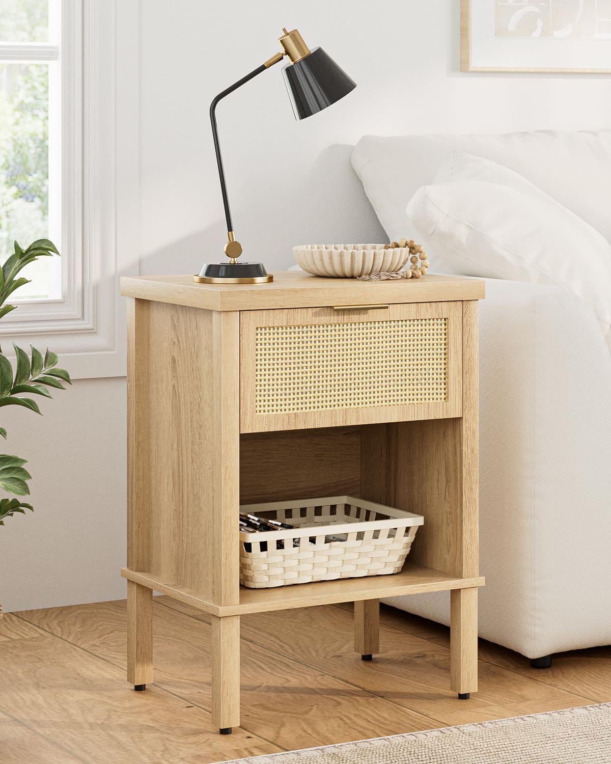 Rattan Nightstand with Drawer and Open Shelf, Boho Side Table with Gold Handle, Small Night Stand, Modern Bedside Table for Bedroom, Living Room, Light Wood - Image 7