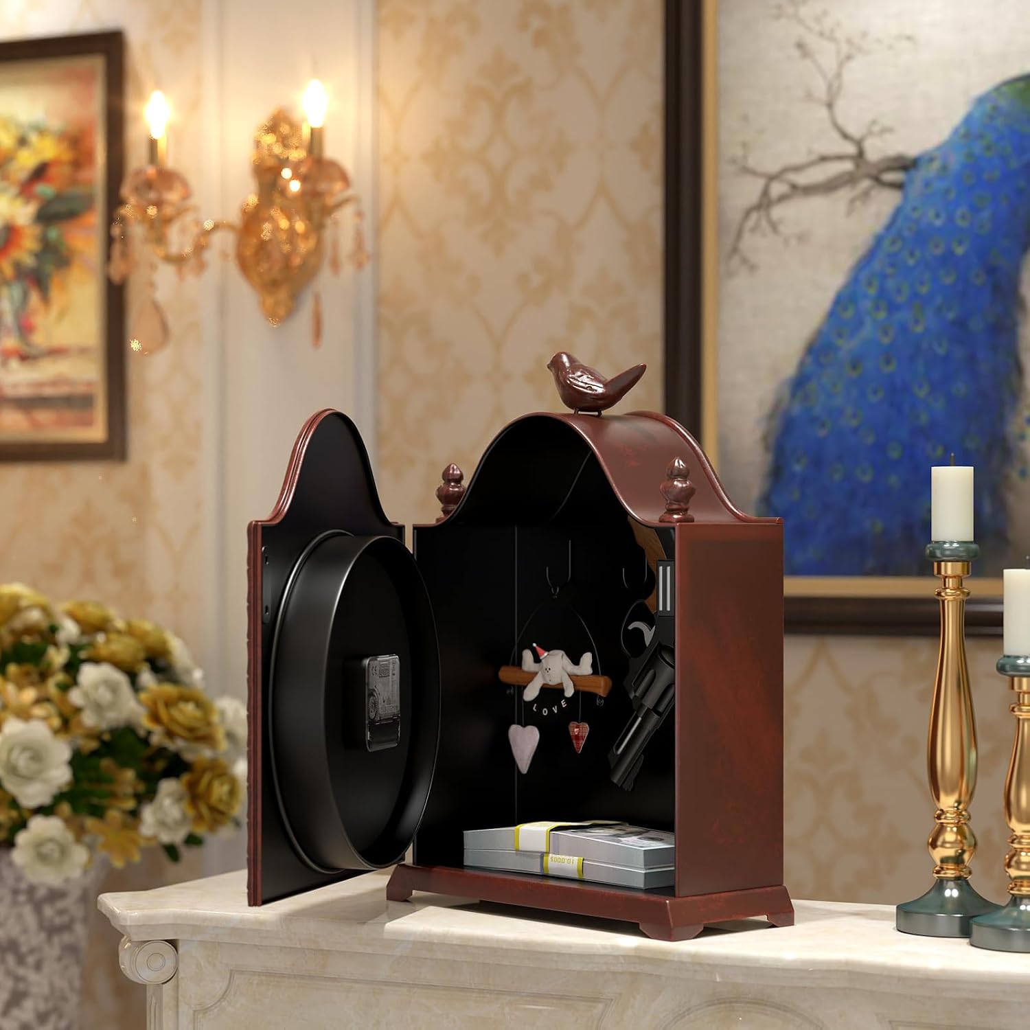 Vintage Bird Mantel Clock with Hidden Safe, Antique Brown Style