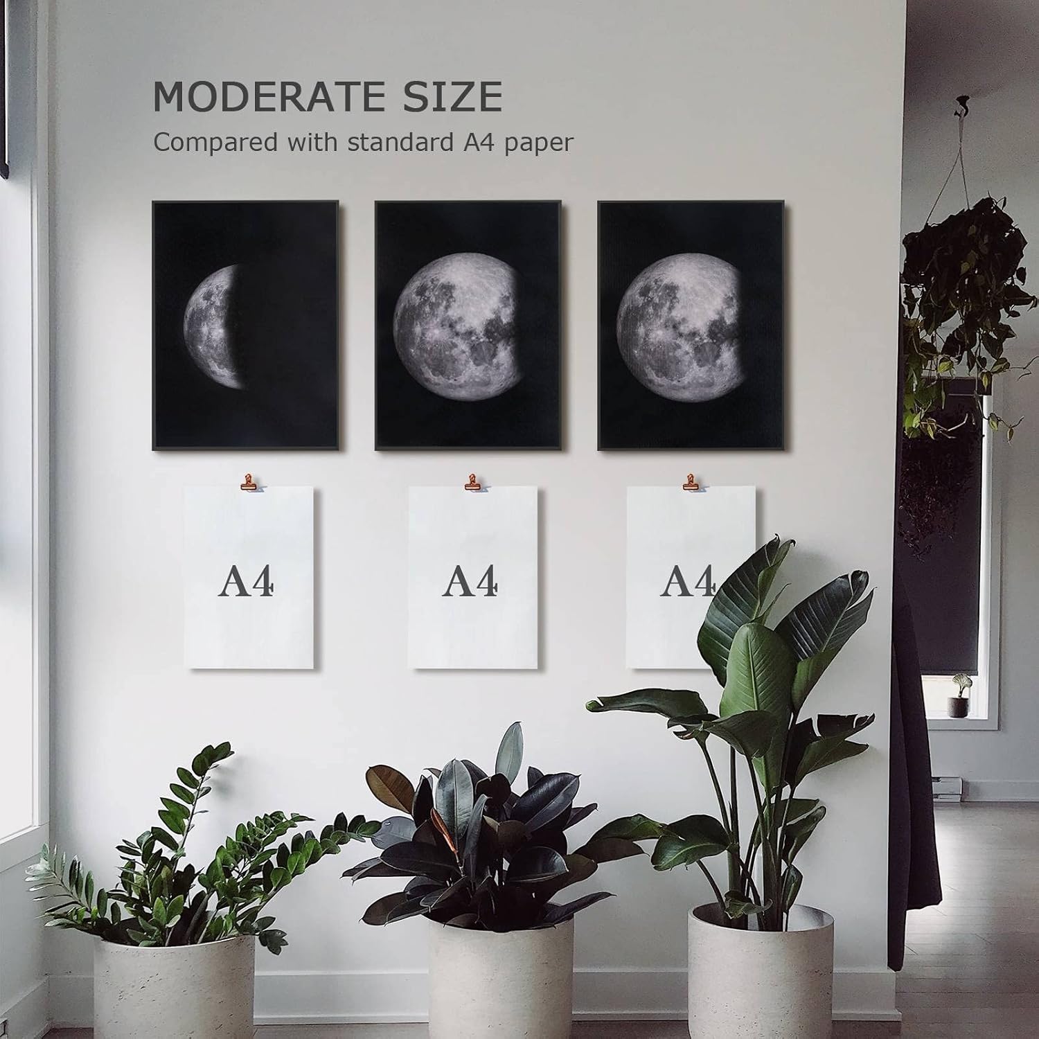 Moon Phase Wall Art, Room Dcor Canvas, Framed 3 Panels, Suitable for Bedroom, Living Room, Office, 12 x 16 Inches,Black and White