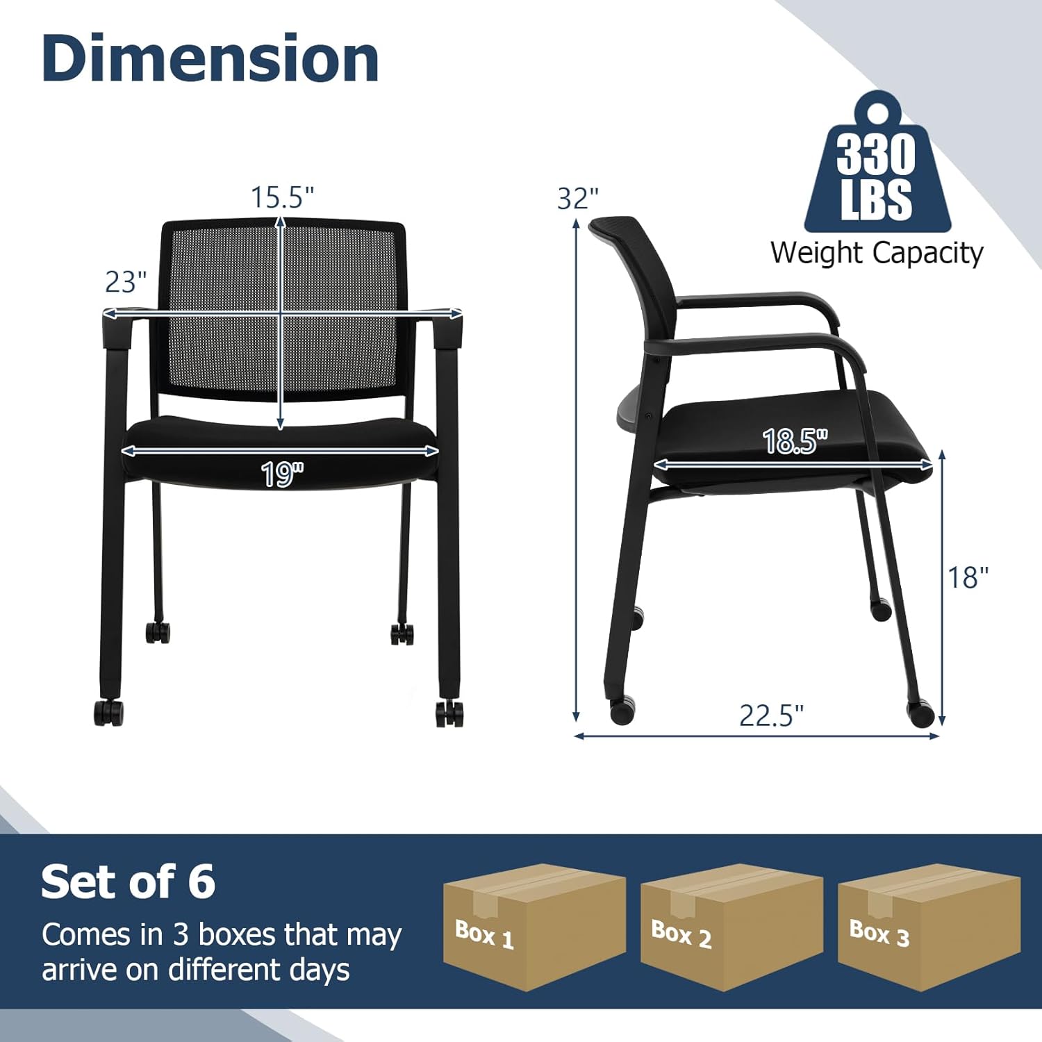 Giantex 6-Pack Waiting Room Chair Set, Rolling Office Desk Chairs with PU Wheels, Armrests, Stackable Guest Chair for Office, School, Lobby,Reception, Conference, Black