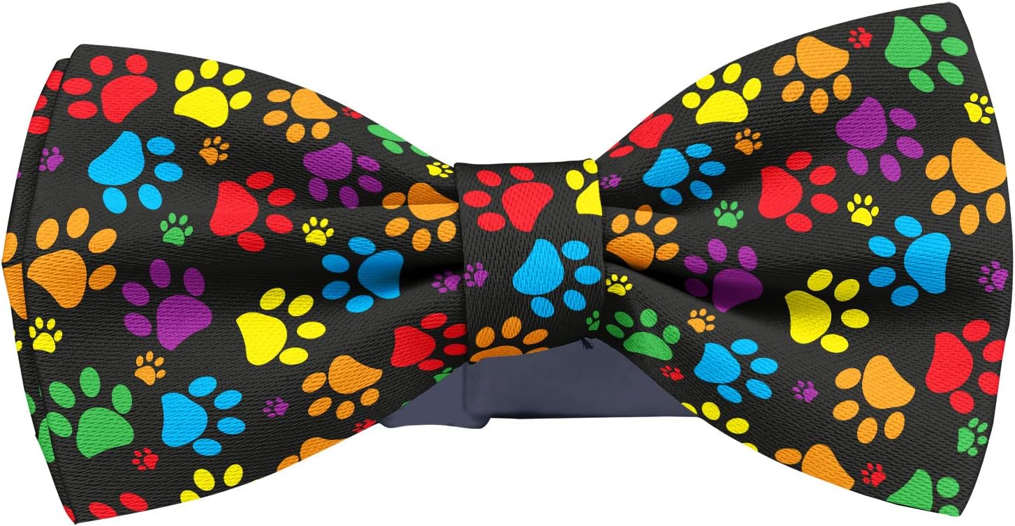 Adjustable Pre-tied bow tie for Men (Colorful Paw Print Pattern) Elegant Cute Bowties for Dogs Cats Pets
