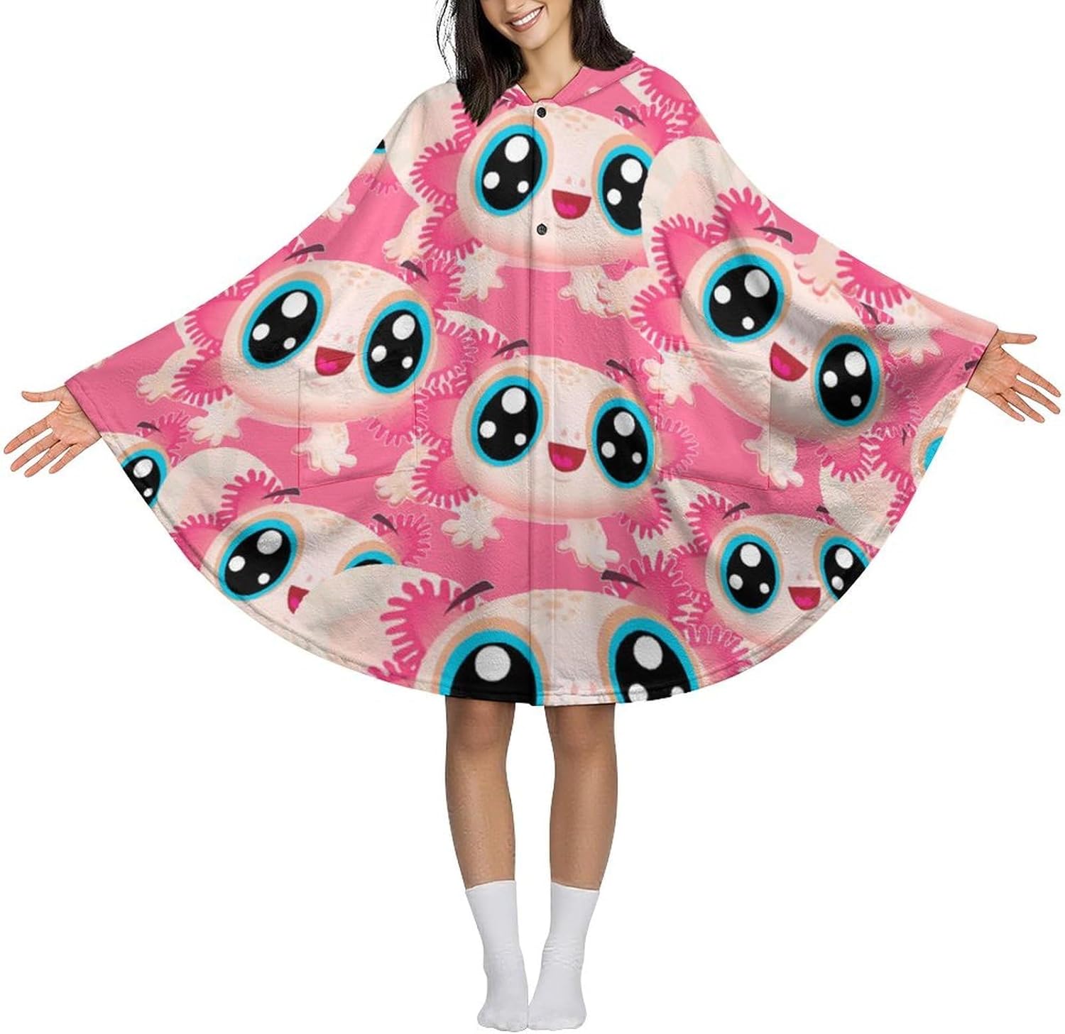 Cute Axolotl Wearable Blanket with Hooded Flannel Blankets Cape with Pocket