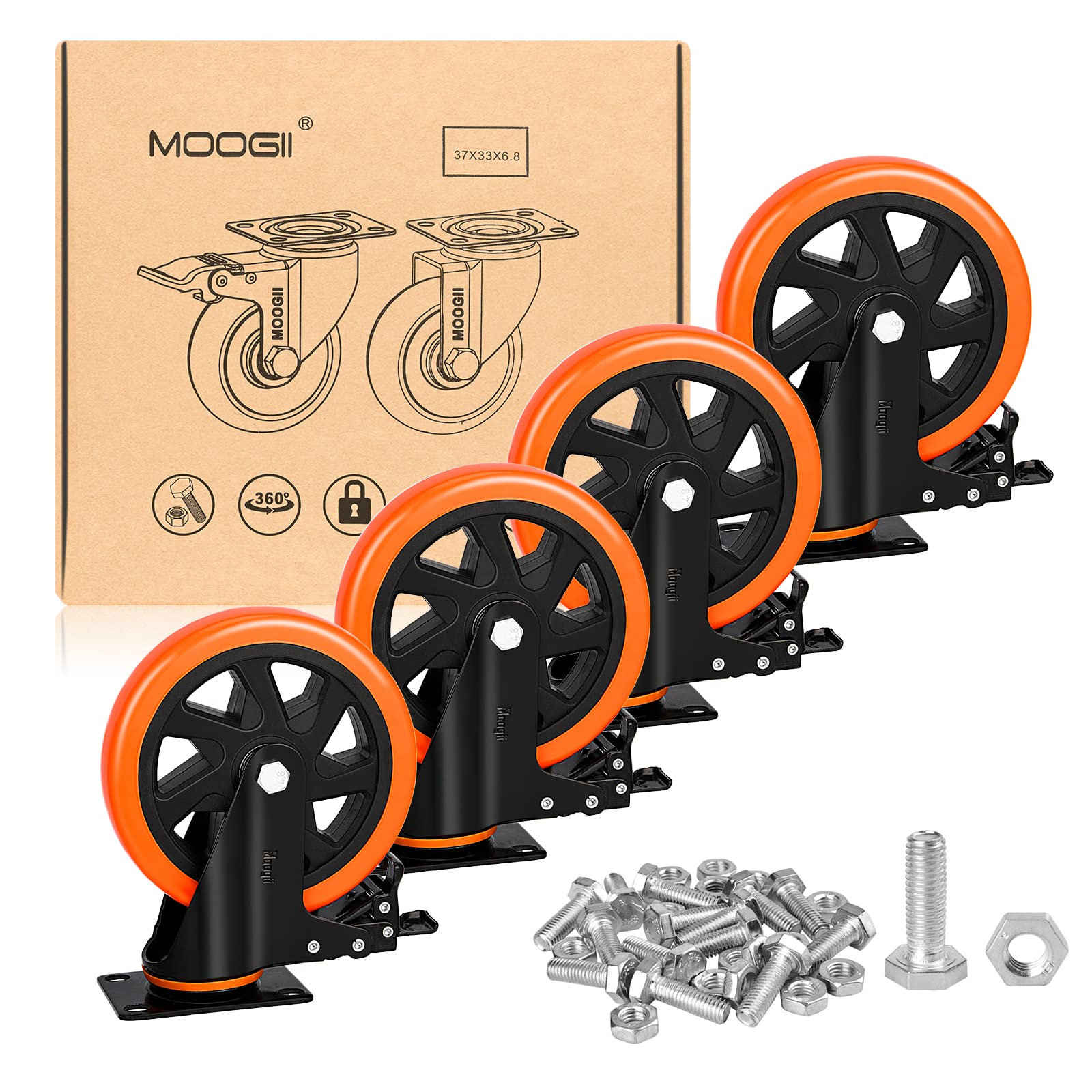 6 inch Heavy Duty Casters Load 3000lbs,Perfect Design Structure in Lockable Bearing Caster Wheels with Brakes,Swivel Casters for Furniture and Workbench,Set of 4 (Free Screws)