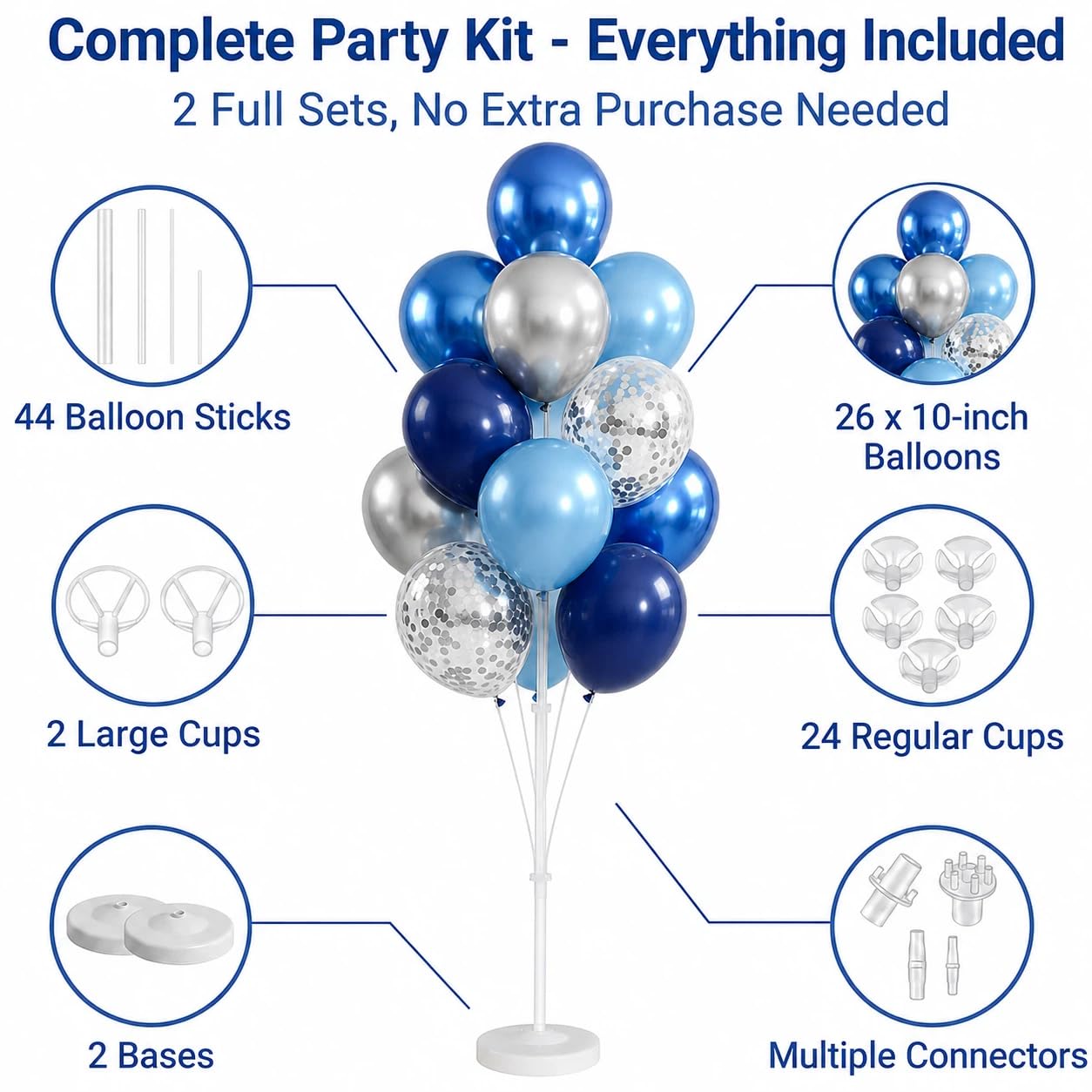 Juego de 2 soportes para globos, soporte de columna para globos con confeti dorado azul marino metálico plateado y azul mezclado para cumpleaños, boda, baby shower, graduación, decoración de fiesta de