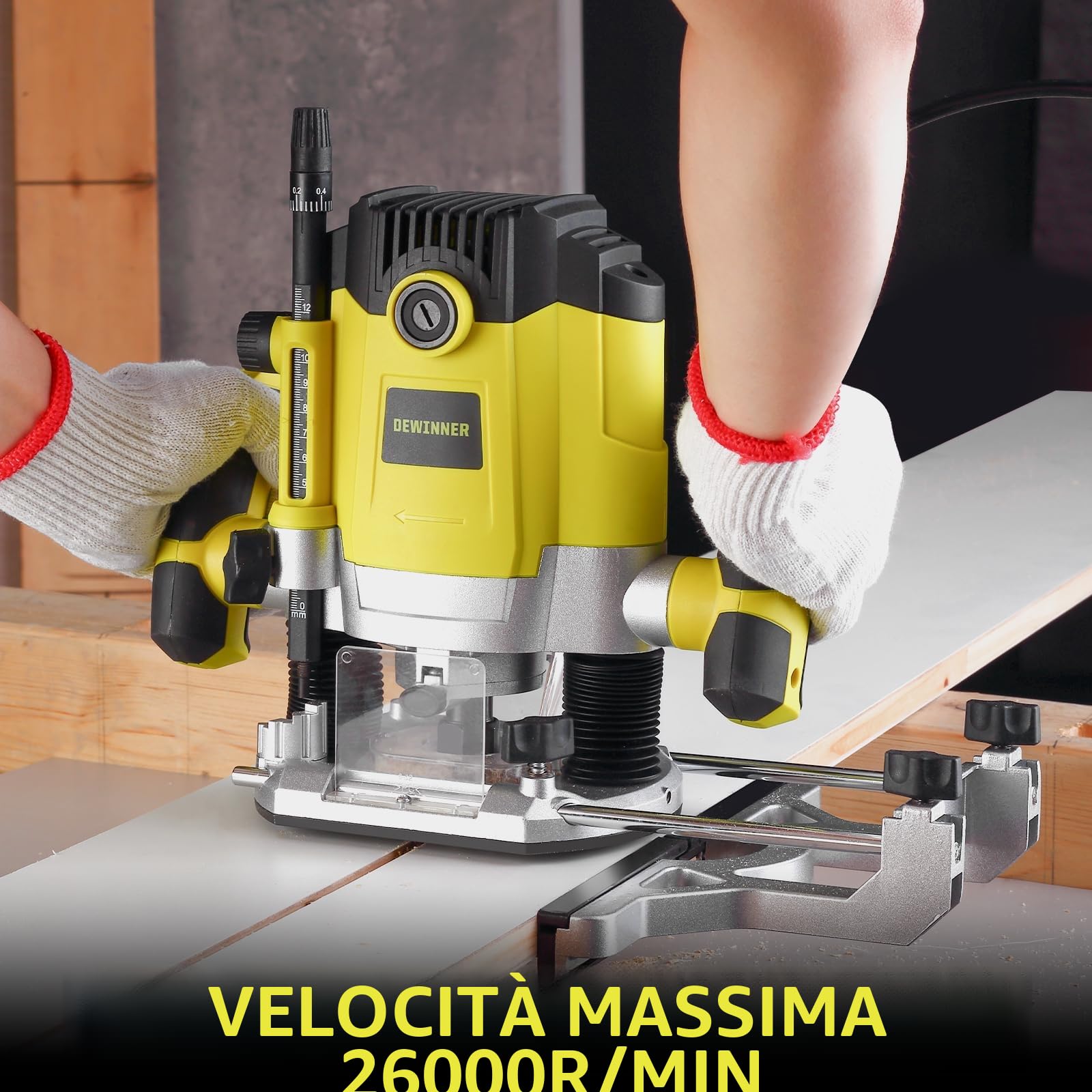 Fresatrice Verticale Legno 1800 W 10000-26000 giri/min DEWINNER, Fresatrice per Legno con Set di 12 frese,7 Velocità,Pinza 6/8/12 mm, Regolazione Della Profondità Della Fresa, Borsa di Tela