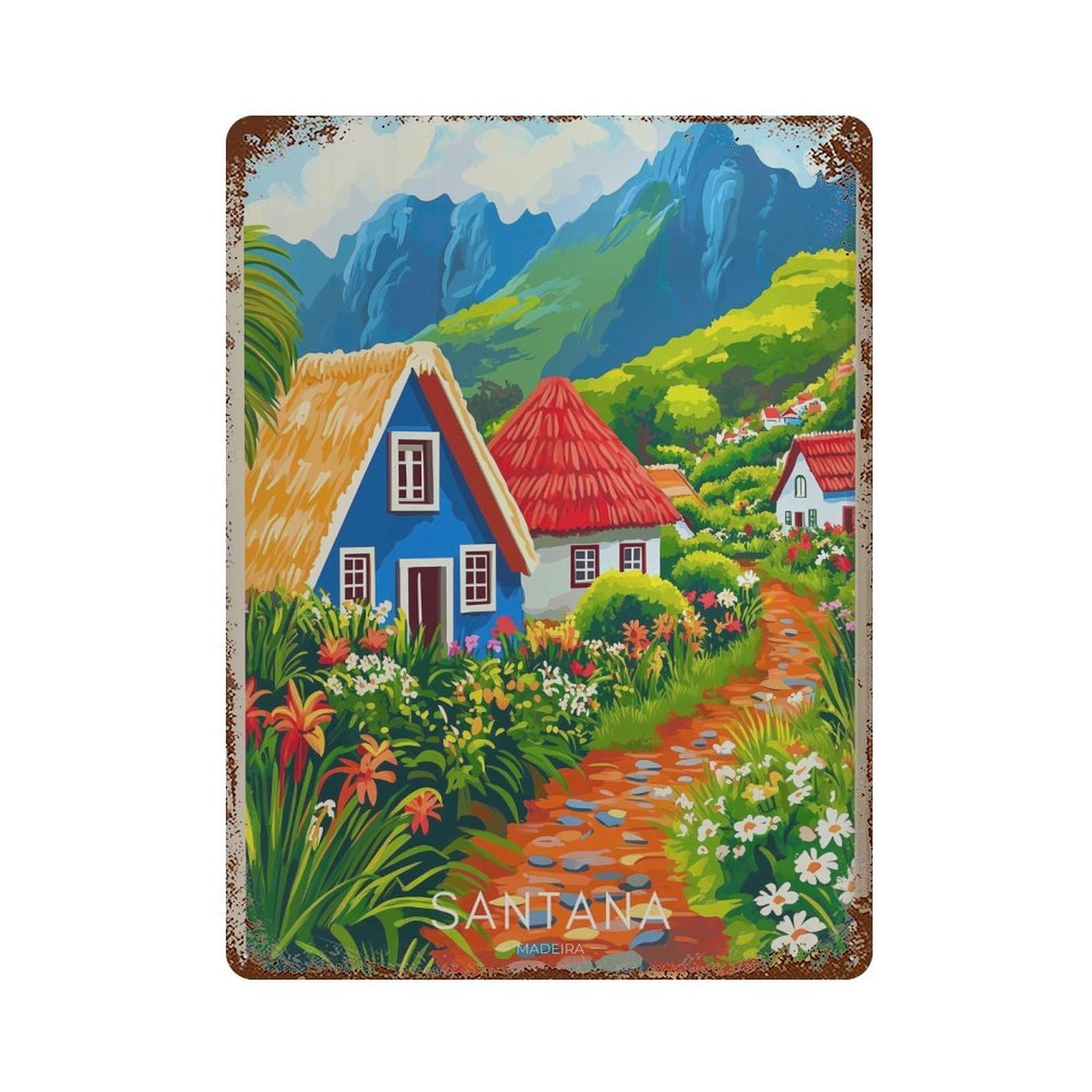 xiaoxiaoshen Santana Madeira Portugal Travel Casas Tipicas Wall Decor Art Metal Tin Poster Modern Home Decor Art Home Bar Shop Decorations Vintage Sign 40x30cm