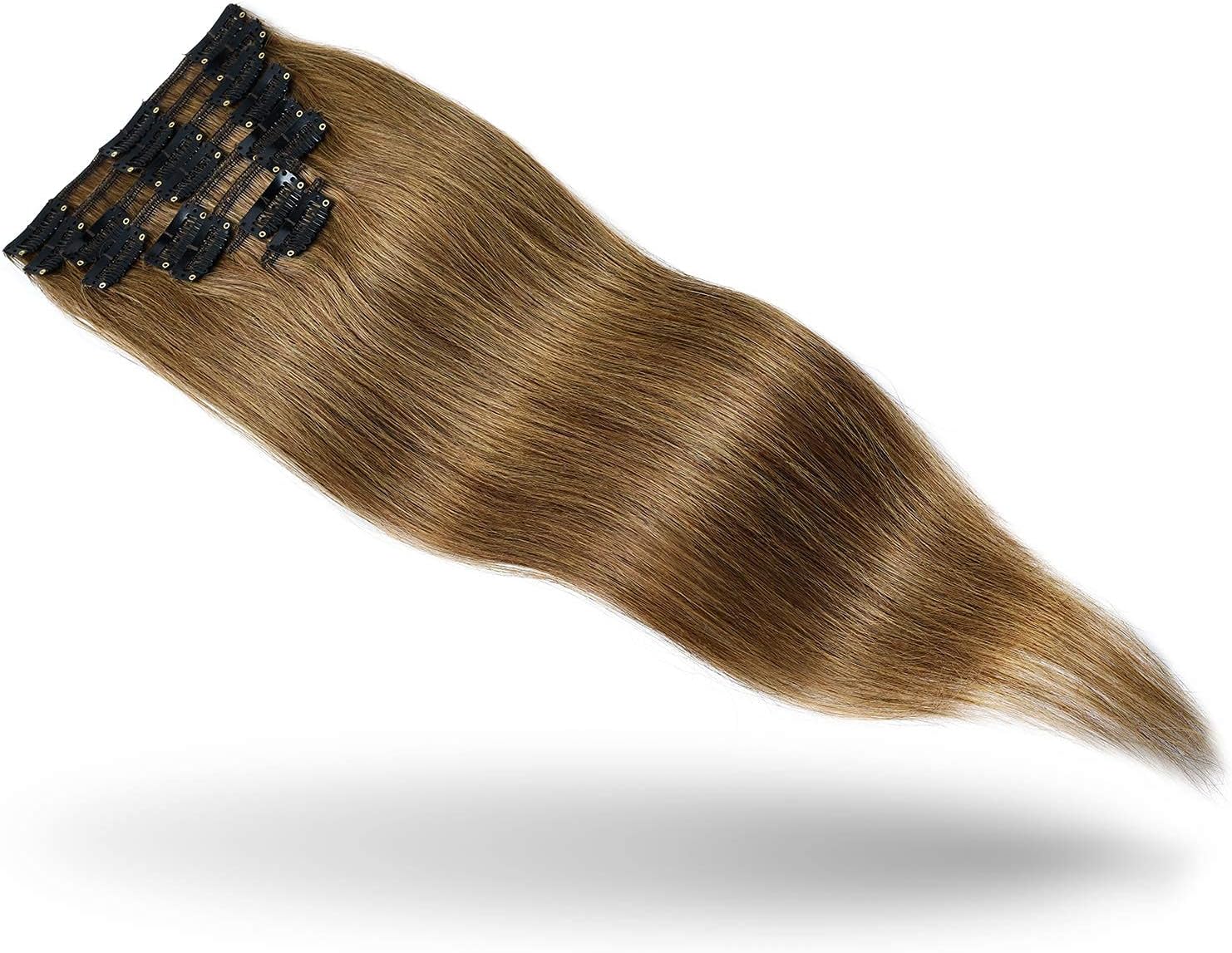 SIADEE 7PCS Clip in Human Hair Extensions Long Soft Thick Hairpieces 24 inches 120g Full Head Straight Hair for Women (6# - light brown, 24 INCH)