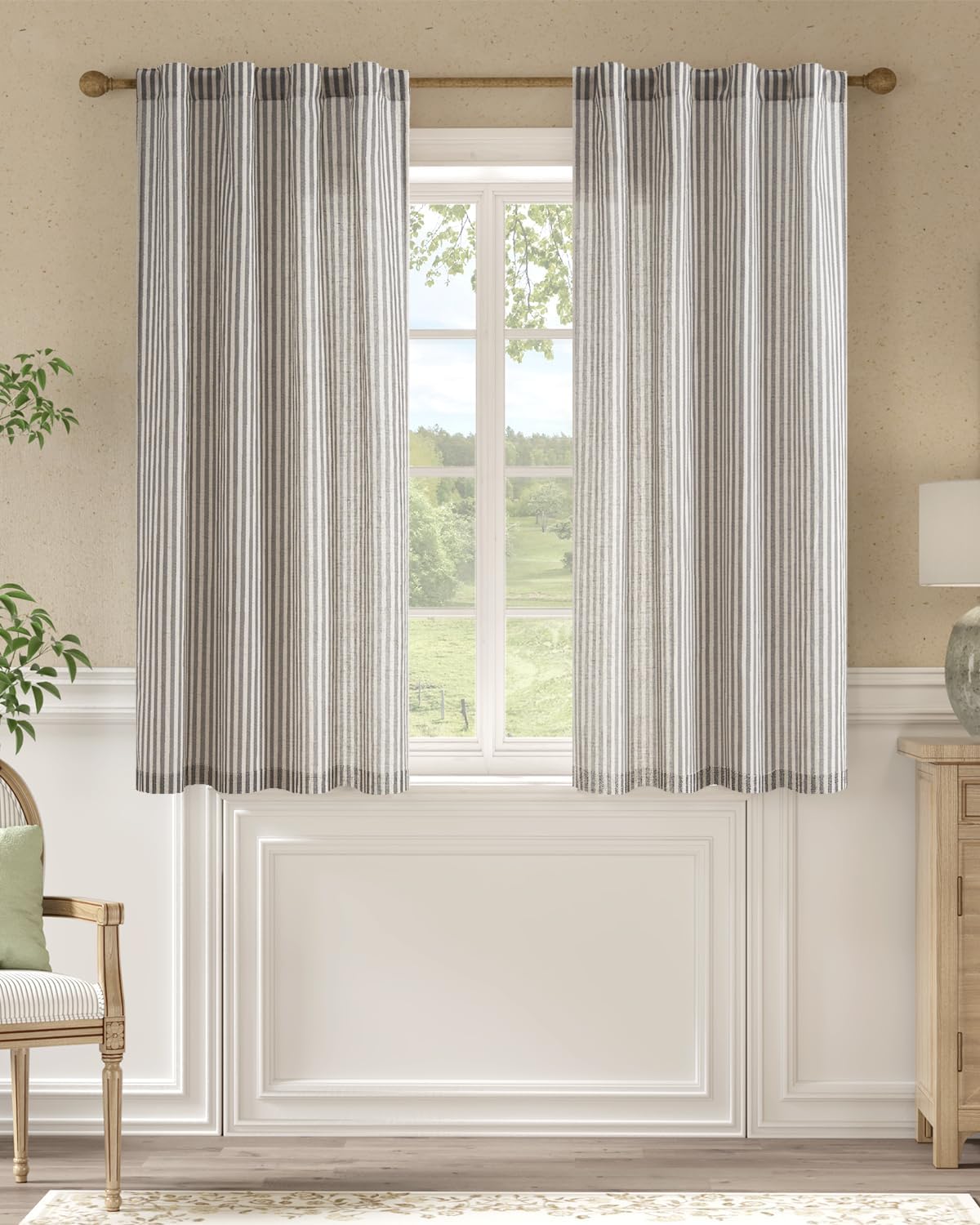 jinchan Linen Curtains Farmhouse Ticking Stripe Window Curtains 63 Inch Length Pinstripe for Living Room Bedroom Light Filtering Rustic Modern Drapes Back Tab 2 Panels Black on Flax 38"W x 63"L (Pack of 2) Rod Pocket Stripe Black on Beige