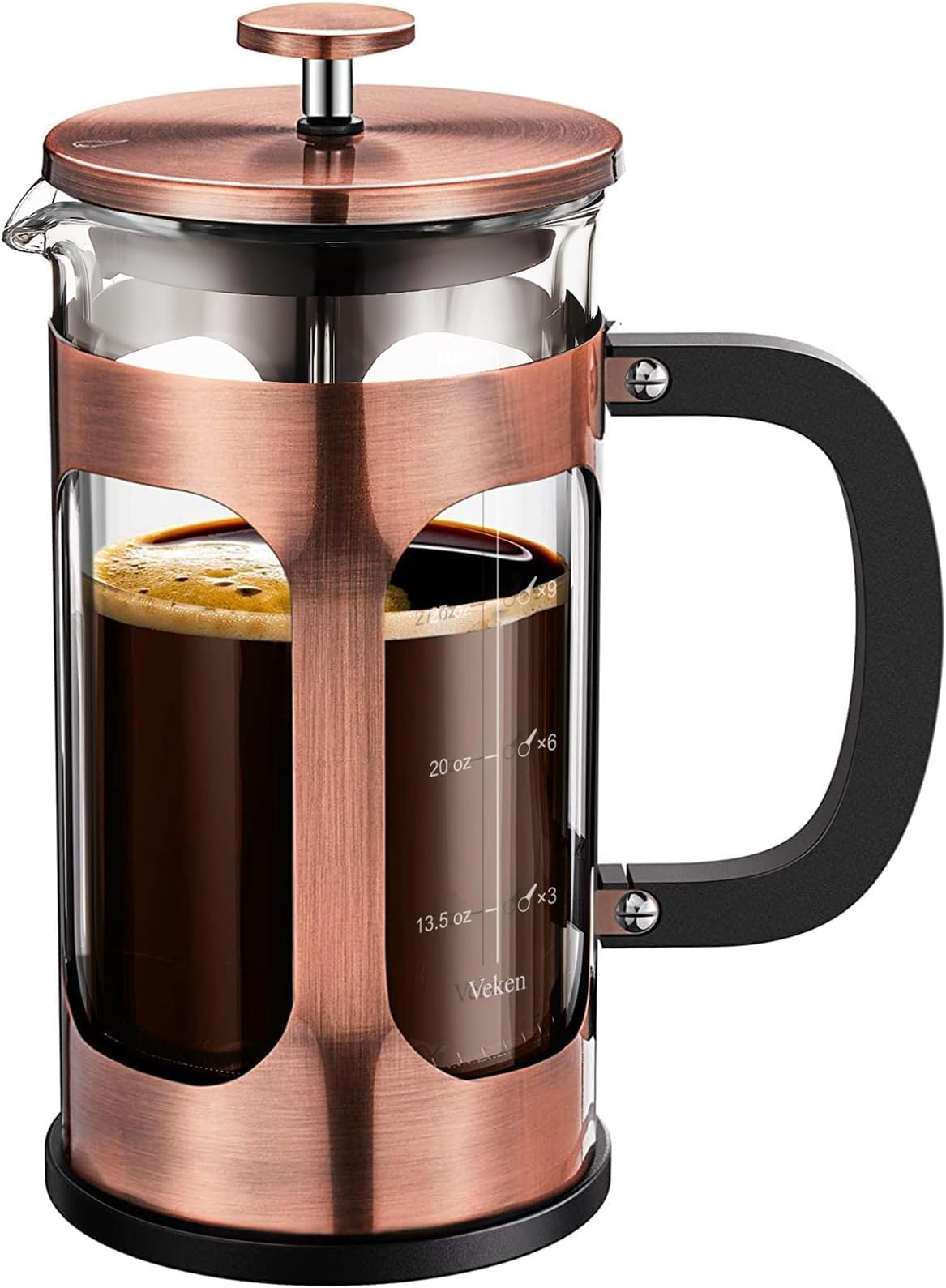 VekenFrench Press Plunger Coffee Maker Cafetière, Double Wall Heat Resistant Borosilicate Glass Coffee Press,Cold Brew Coffee Pot for Kitchen and Gifts, Dishwasher Safe, Copper (27 Ounce/800 ml)