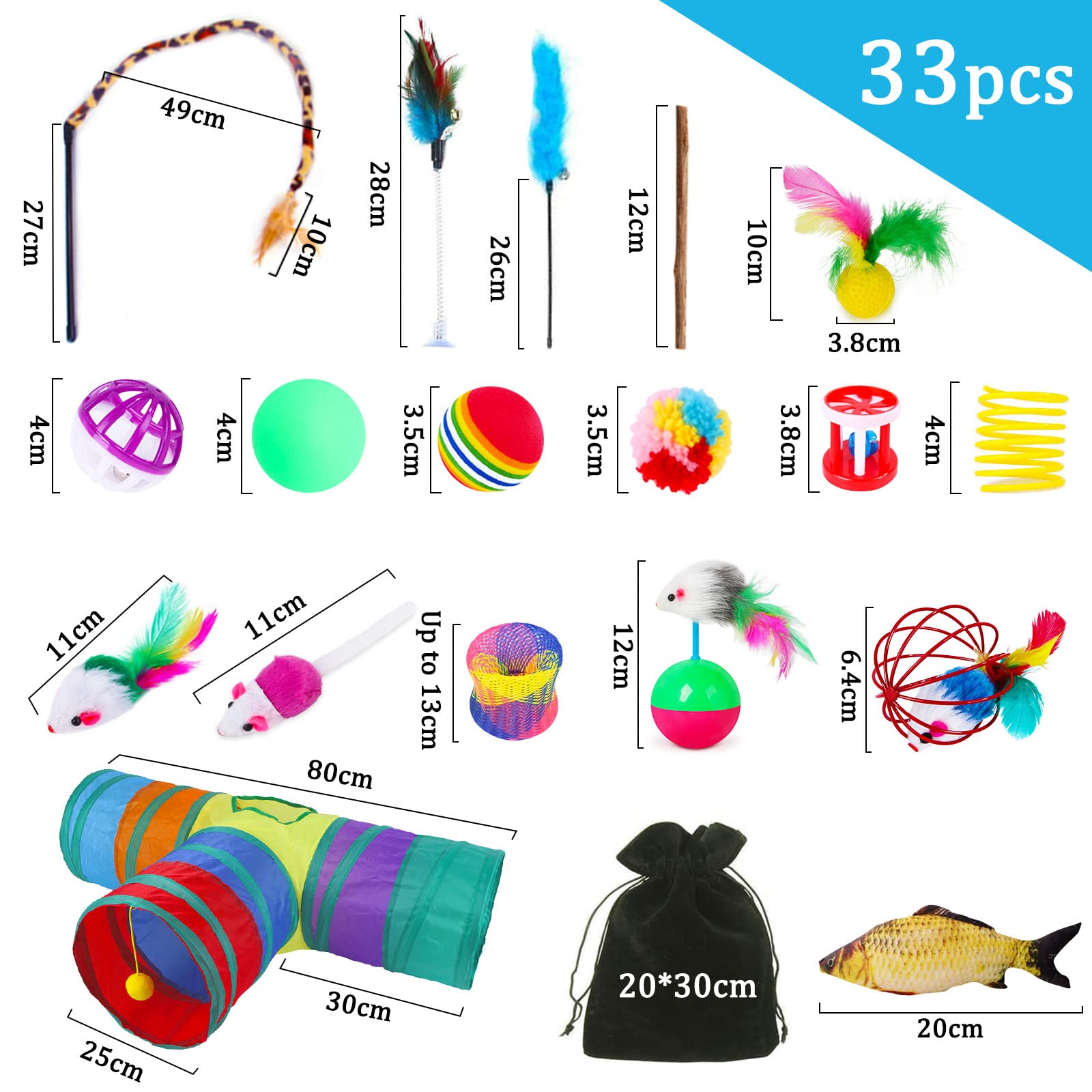 Juguetes para Gatos - Set 33pcs Interactivo Con Túnel, Ratones, Hierba Gatera, Varita de Plumas, Peces, Bolas y Campanas