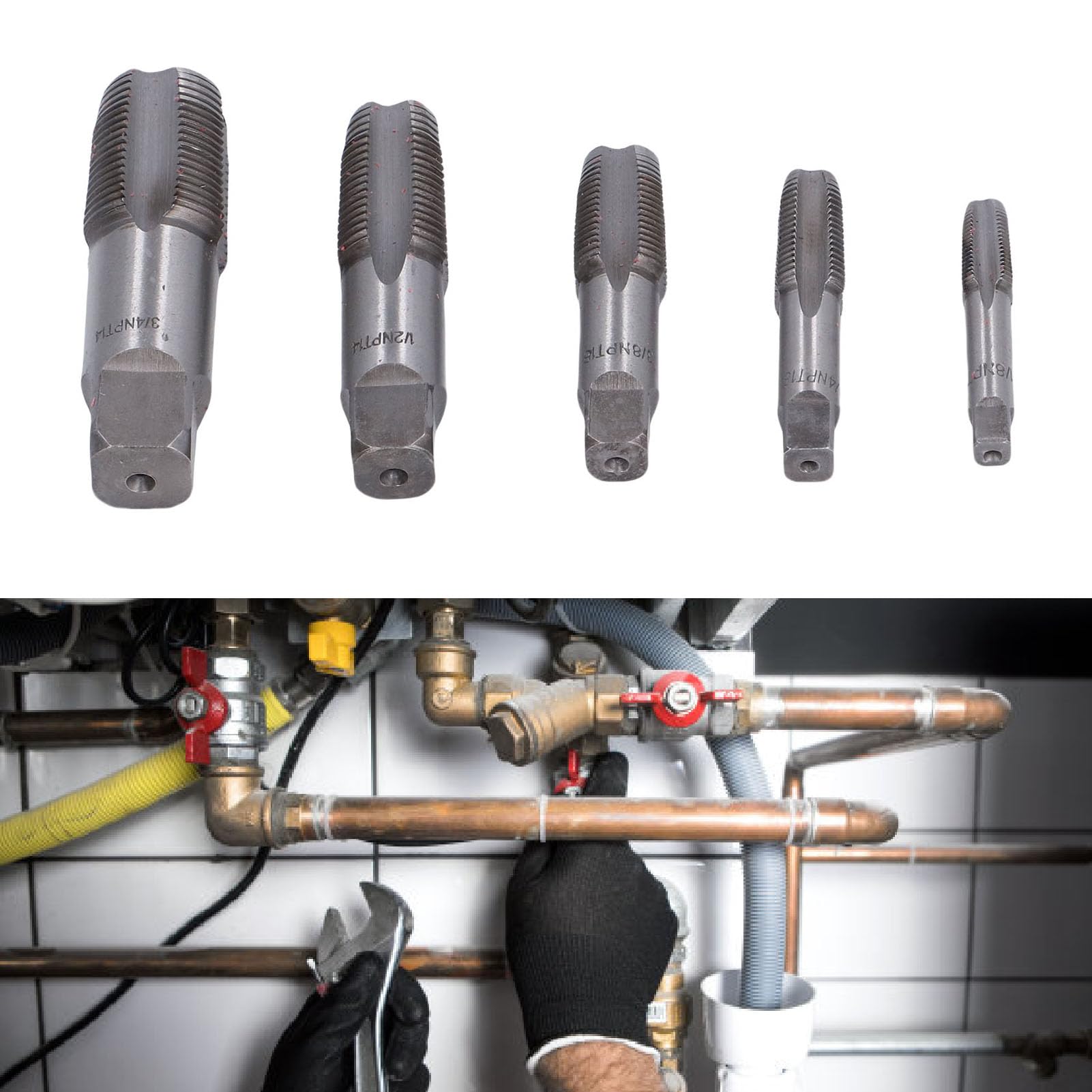 Juego de 5 machos de roscar para tuberías NPT, de Acero al Carbono, para fontanería, mecánicos y Aficionados al Bricolaje, con roscas de 3/4", 1/2", 3/8", 1/4" y 1/8".