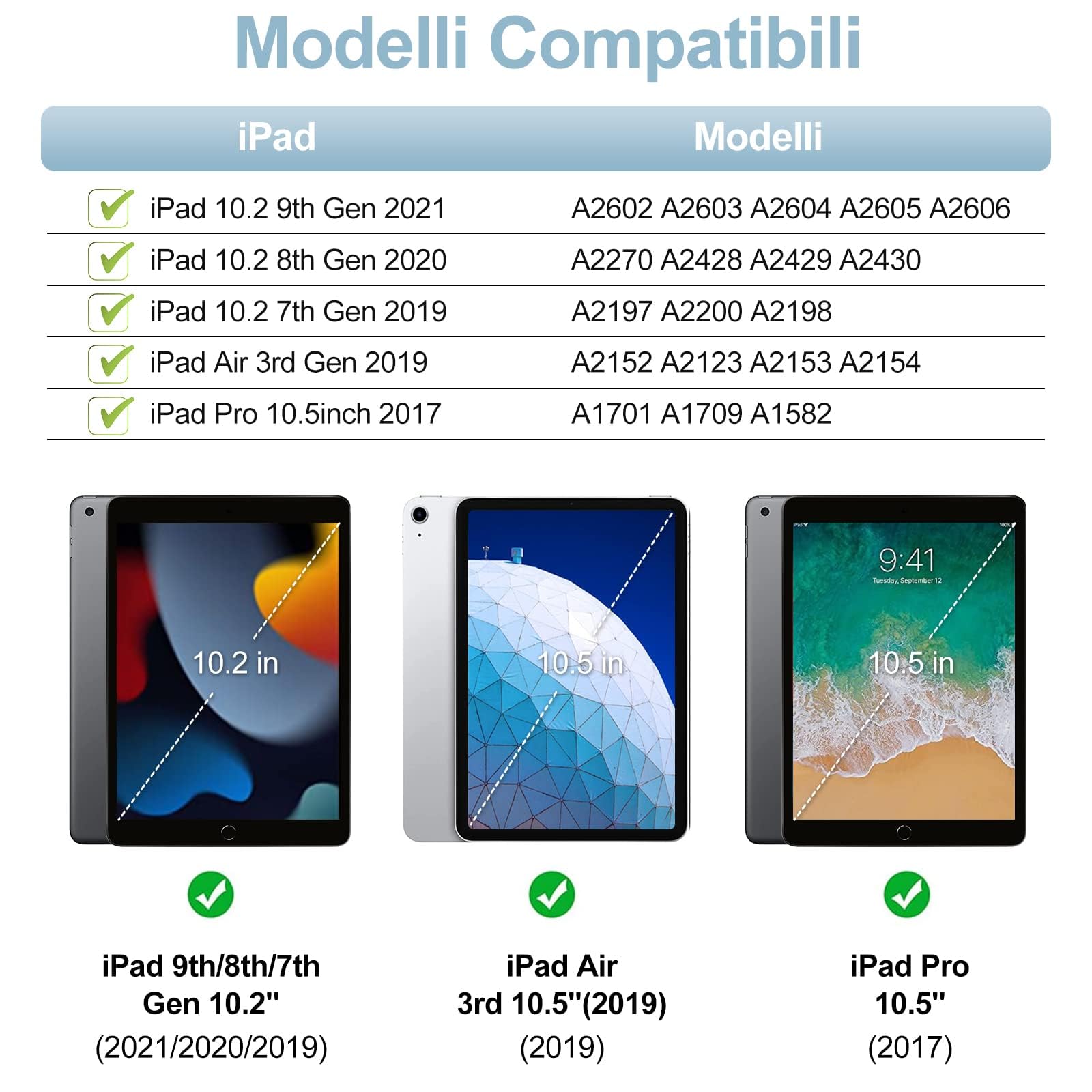Tastiera per iPad 9/8/7 Generazione 10.2 Pollici/Pro 10.5/iPad Air 3 10.5" | Cover Keyboard Magnetico Staccabile, Italiano QWERTY, Custodia Tastiera Senza Fili Bluetooth con Portapenna, Blu chiaro