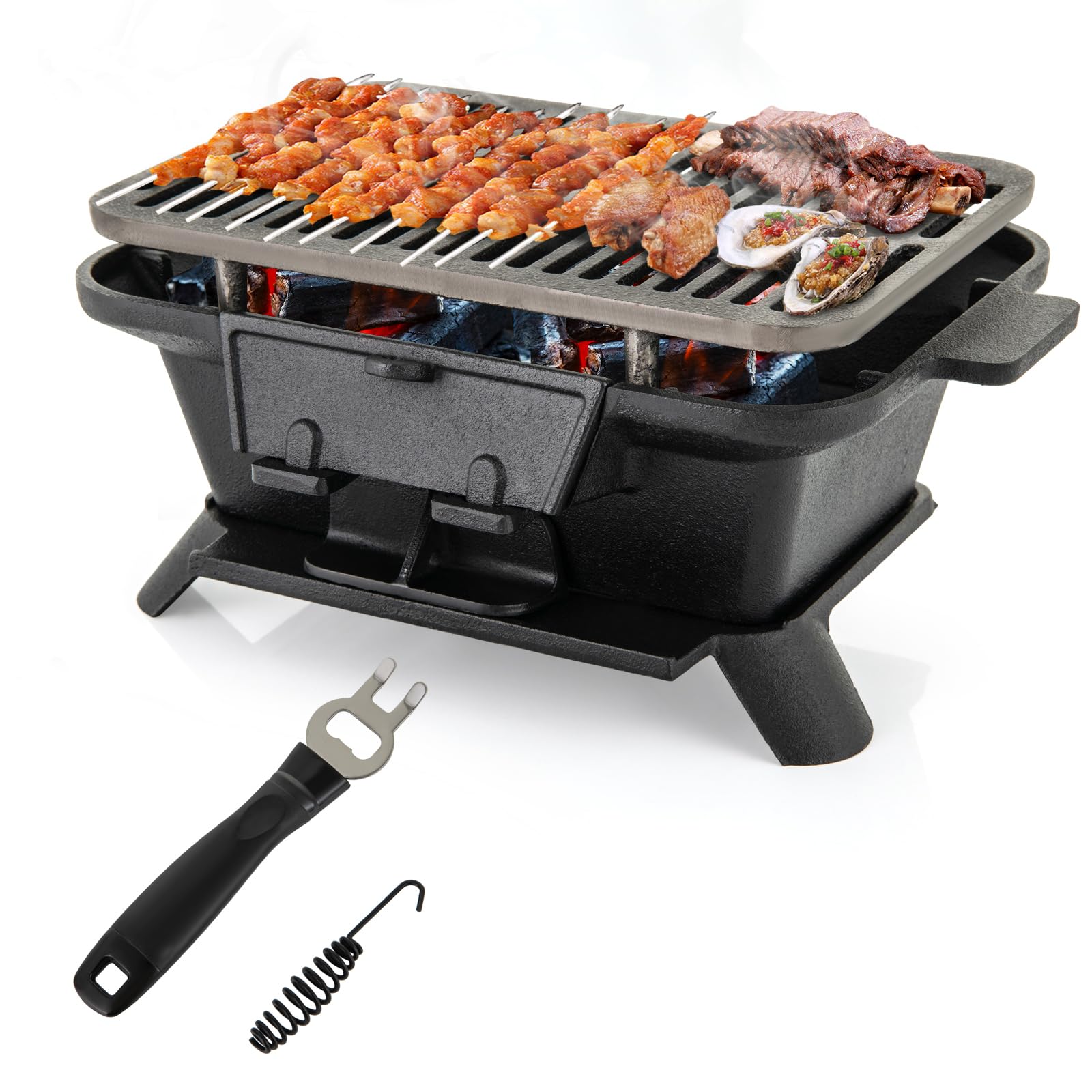 TANGZON Cast Iron BBQ Grill, Portable Pre-Seasoned Charcoal Grill Stove with Grate Lifter, Double Sided Grilling Net, Air Control & Coal Door, Hibachi-Charcoal Grills for Camping Picnic Party
