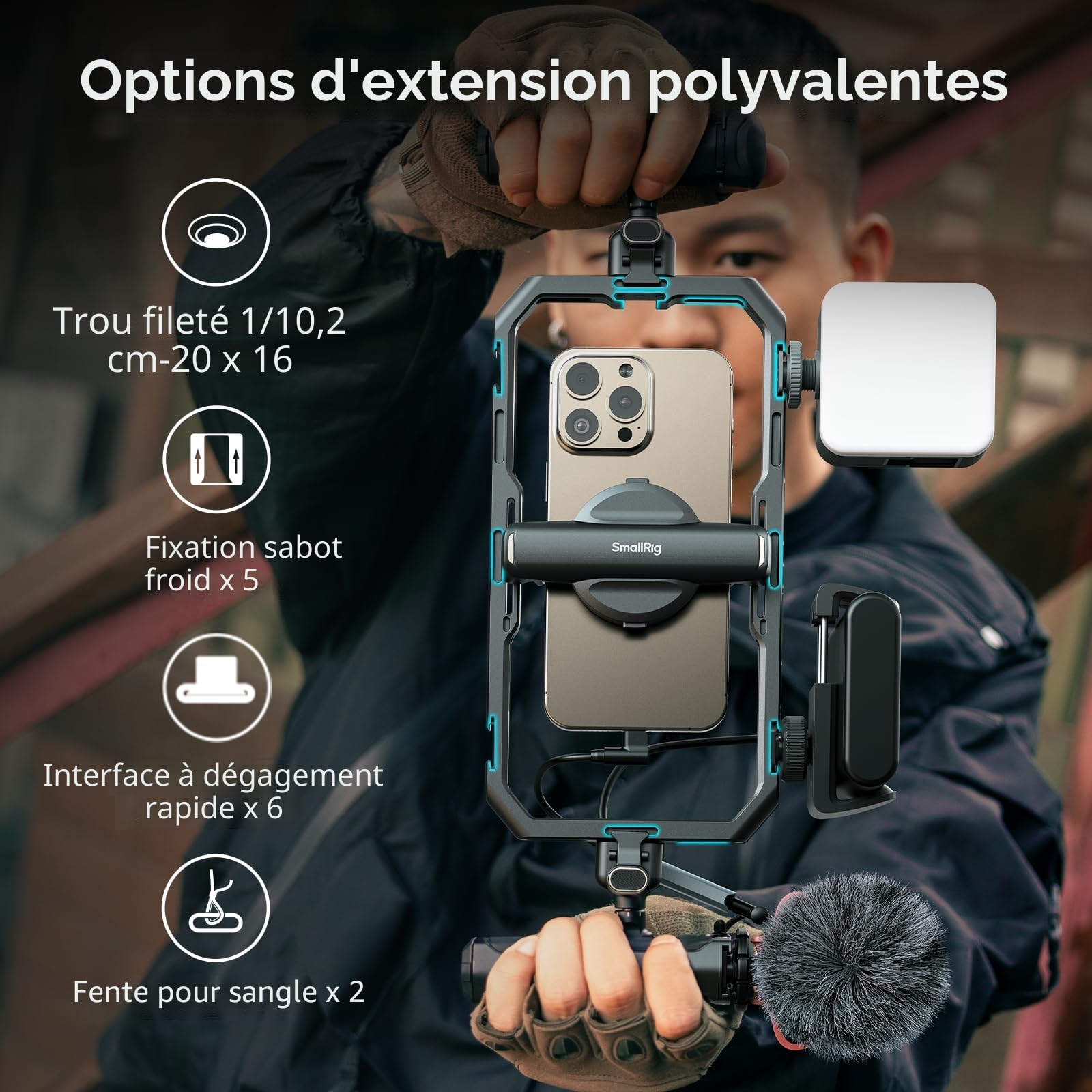SMALLRIG Kit de Montage Vidéo Universel Tout-en-Un pour Téléphone avec Éclairage LED/Microphone/Trépied/Deux Poignées/Support de Batterie Externe, pour Vlogging et Diffusion en Direct - 4704