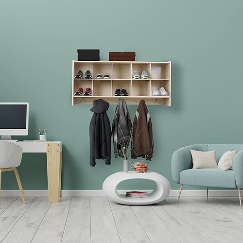 Miniatura 5 de RRI Goods Organizador de almacenamiento de pared de 10 secciones y armario de abrigo con estante organizador de pared colgante con ganchos para el
