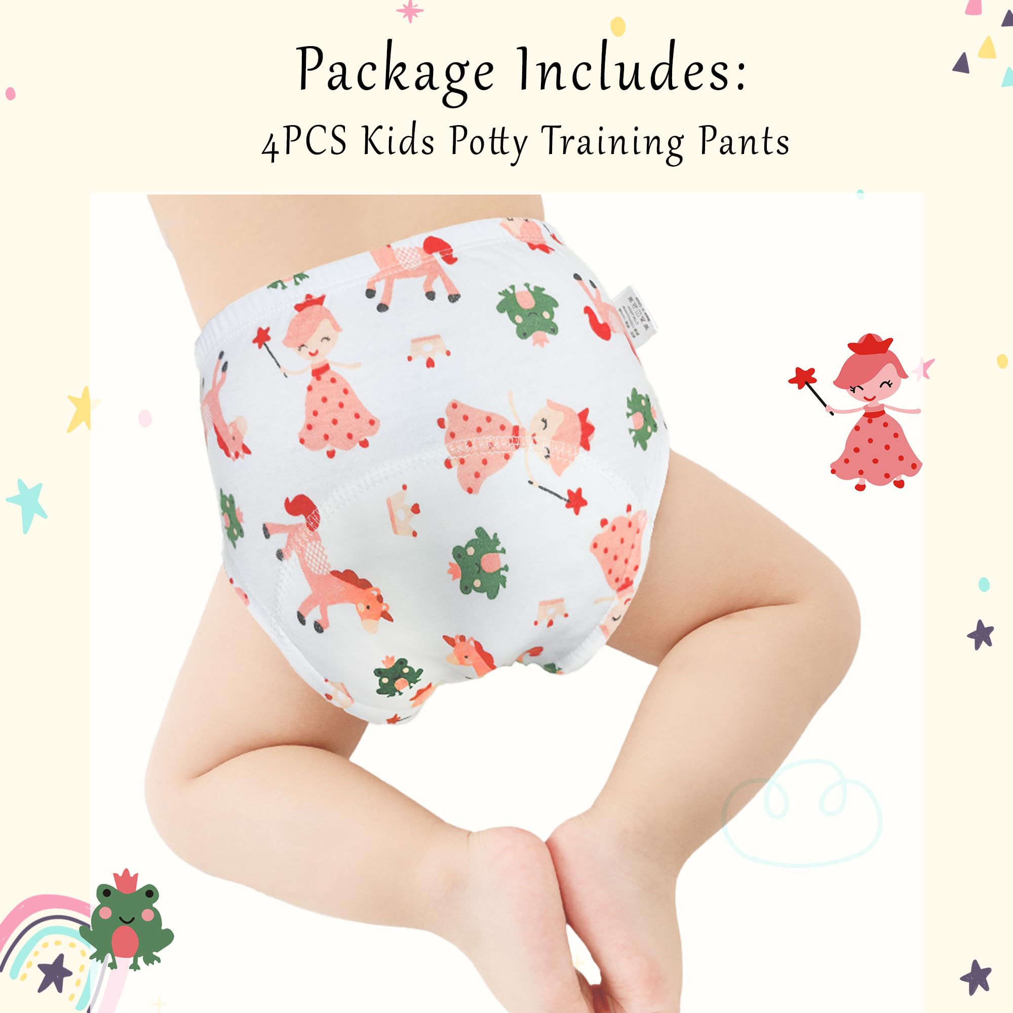 Culotte d'apprentissage Propreté pour Fille Couche Propreté Enfant Lavable Coton Slip Apprentissage Nuit Anti Fuite Arc-en-ciel Éléphant Lapin Imprimée Rose Blanc Bleu pour 2-4 Ans, Lot de 4