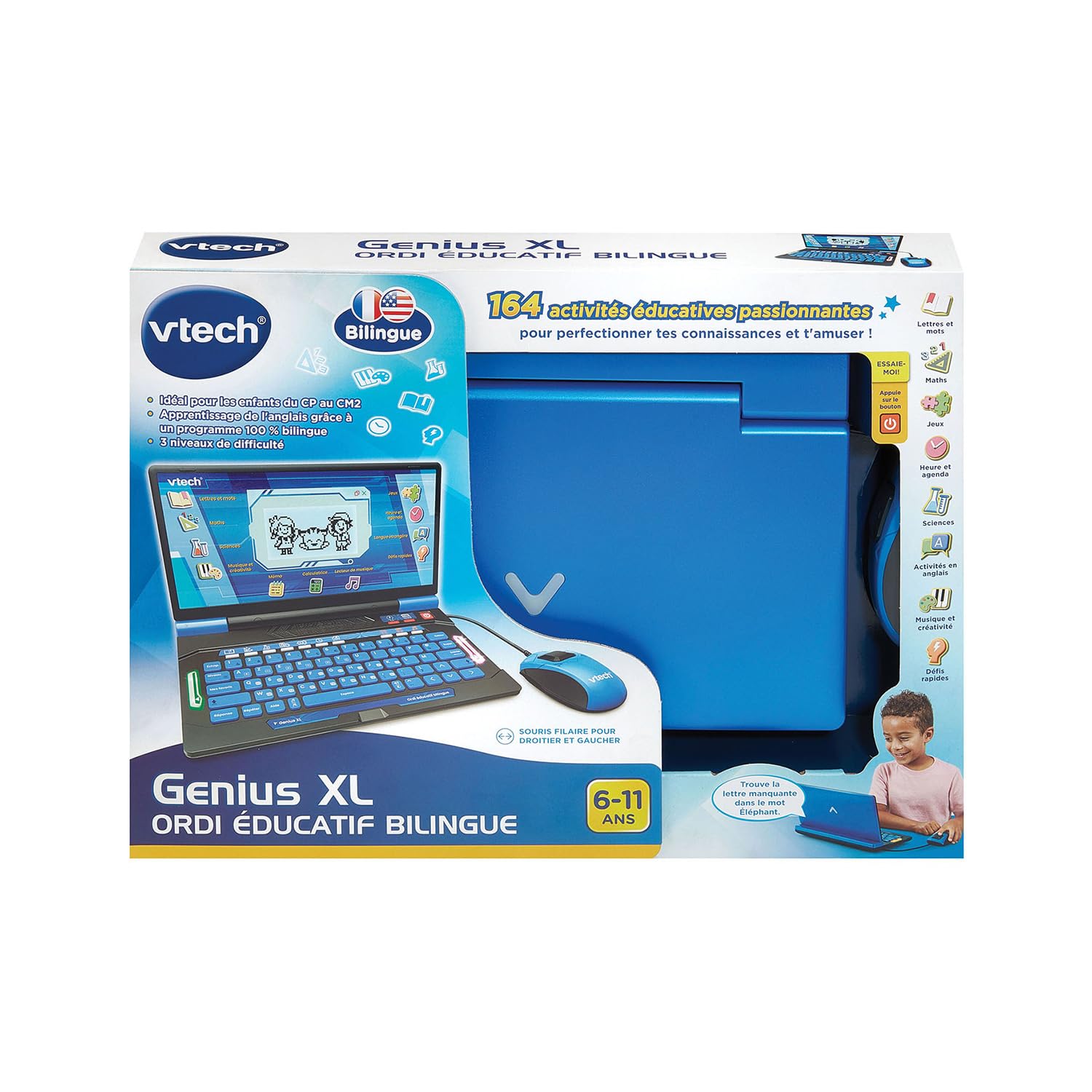 VTech - Genius XL Ordi Éducatif Bilingue Bleu - Ordinateur Enfant avec Écran LCD, Clavier AZERTY, Souris et 164 Jeux Éducatifs - du CP au CM2 - Cadeau Enfant Dès 6 Ans - Contenu en Français et Anglais
