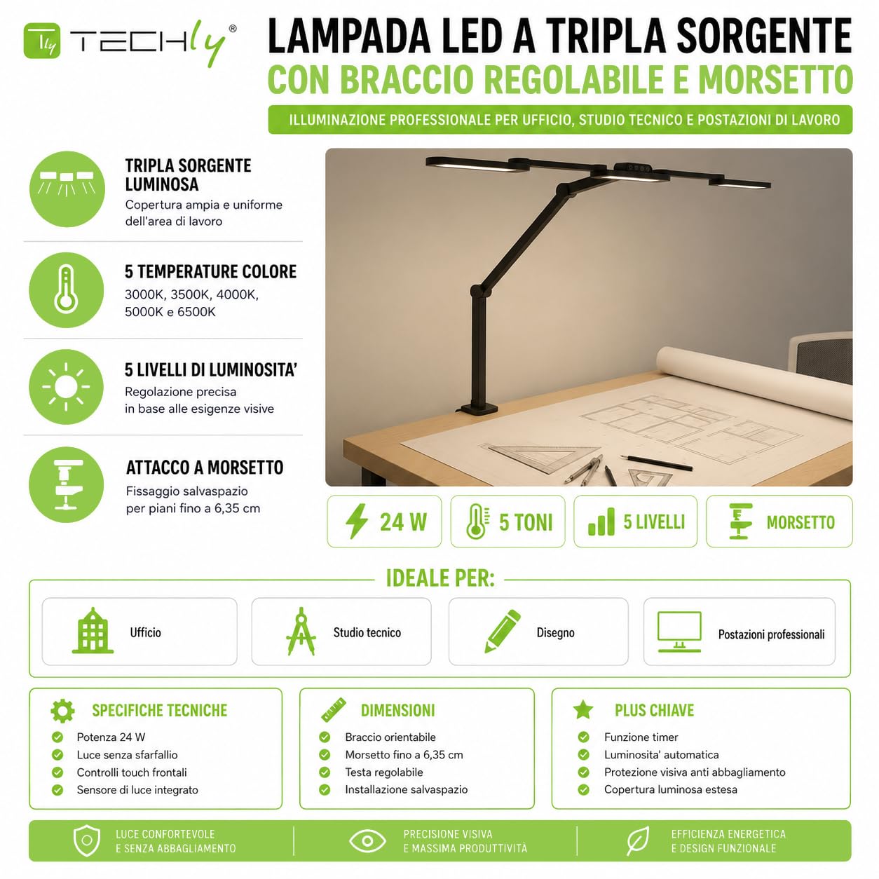 Techly 622724 Lampada LED a Tripla Sorgente Luminosa con Braccio Regolabile e Attacco a Morsetto Nero