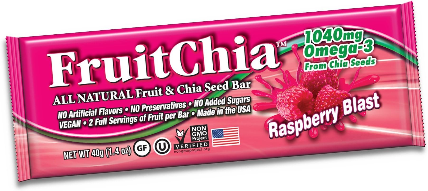 FruitChia Raspberry - All Natural / Real Fruit & Chia Seed Bar W/ Omega-3. Gluten-Free, Kosher & Vegan 2-PACK/BARS