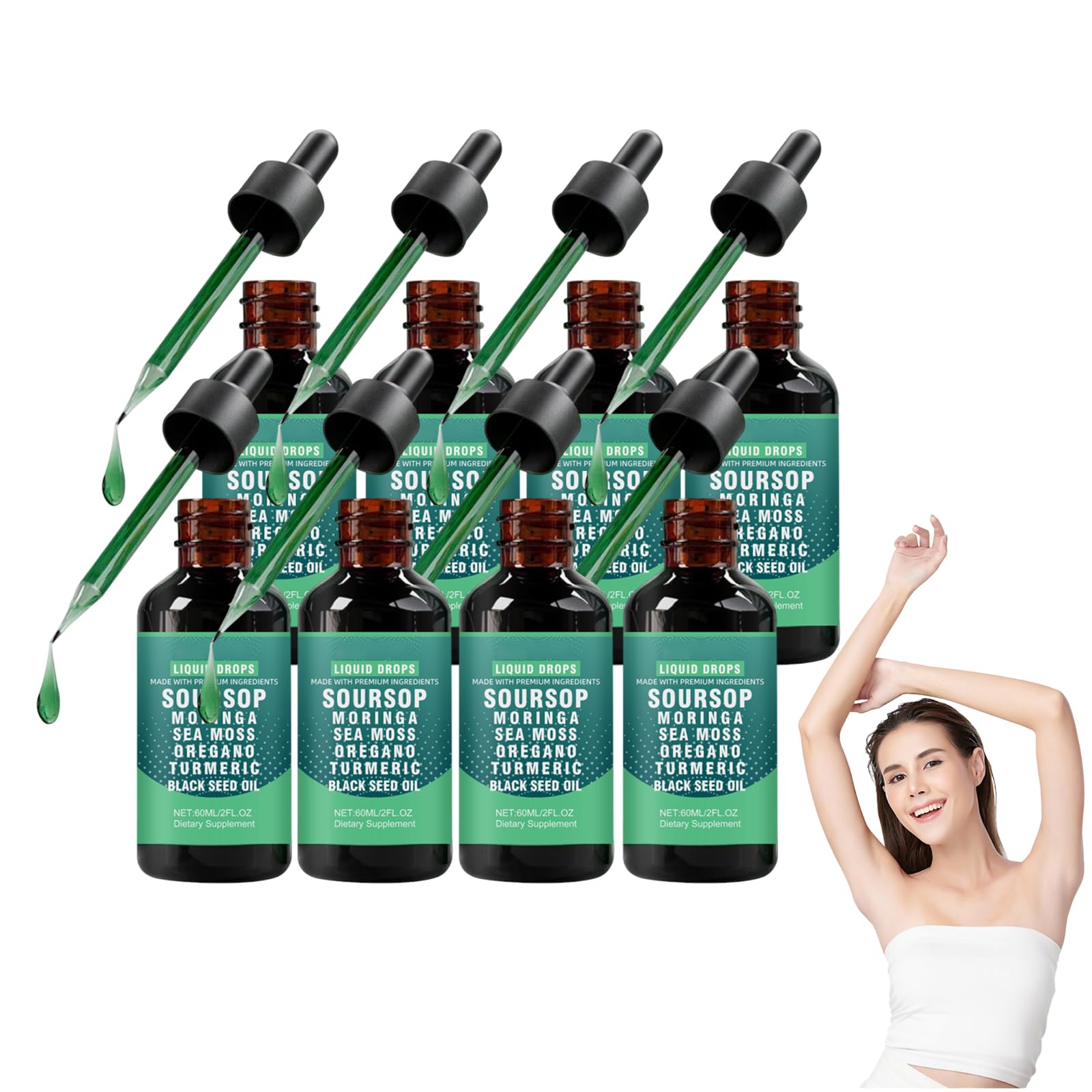 Gocce liquide di amaro di graviola, gocce liquide alle erbe 10 in 1, siero alle erbe di graviola, integratore naturale a base vegetale per il supporto quotidiano al benessere, 60 ml (8 bottiglie)
