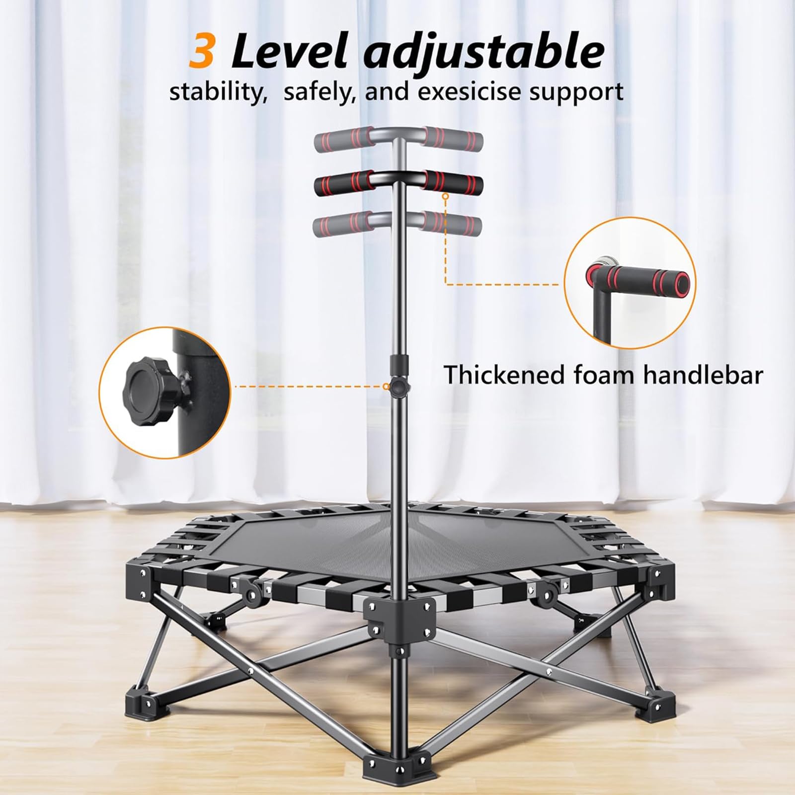 Trampolino Elastico Pieghevole Da 42" Con Barra Di Trasporto Regolabile, Trampolino Elastico Per Fitness, Allenamento Cardio Per Adulti, Carico Massimo 450 Libbre, 110 cm