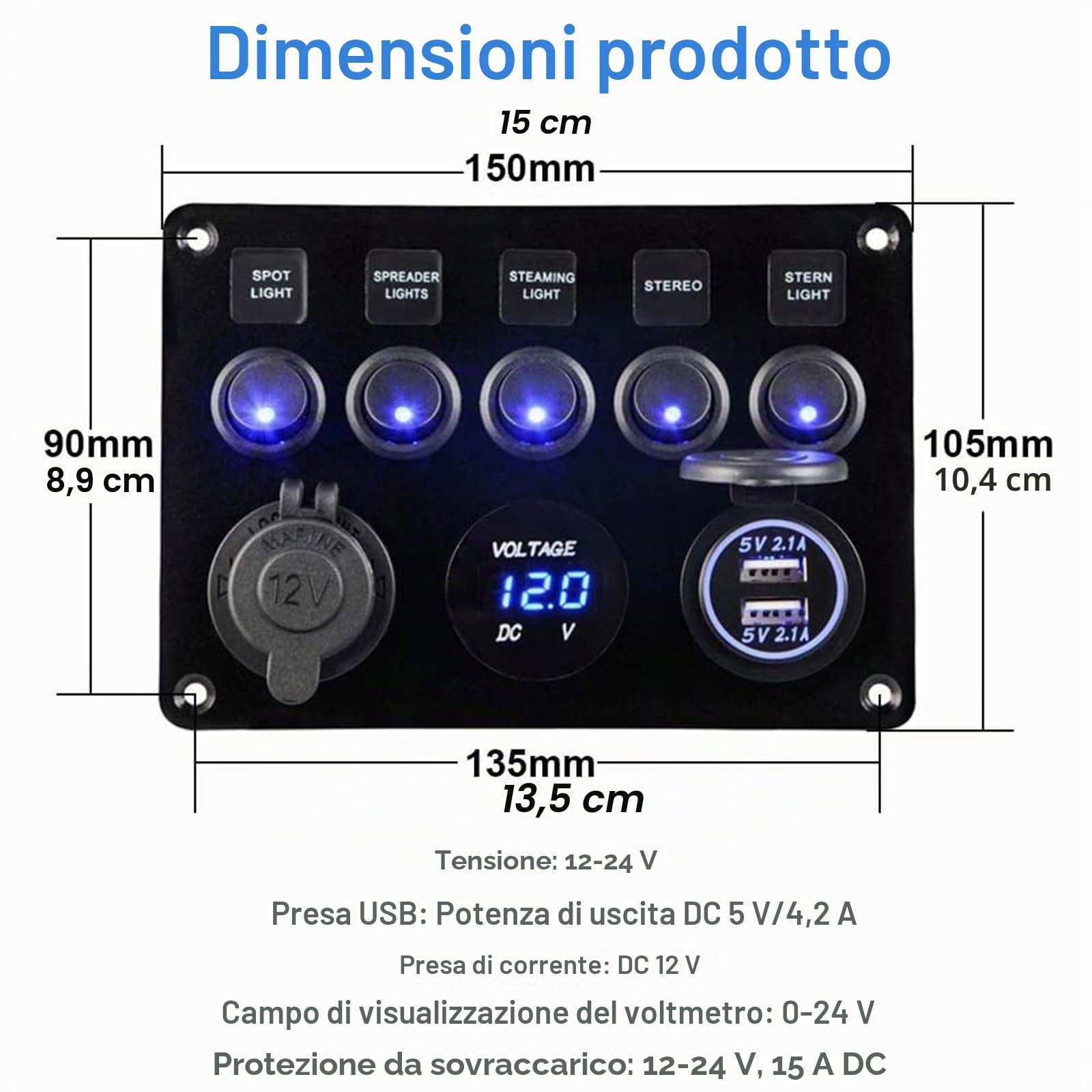 Geloo Pannello Interruttori 5 Gang 12V/24V Impermeabile Doppia Presa USB Voltmetro Digitale Interruttore Bilanciere per Auto Barca Camper e Camion