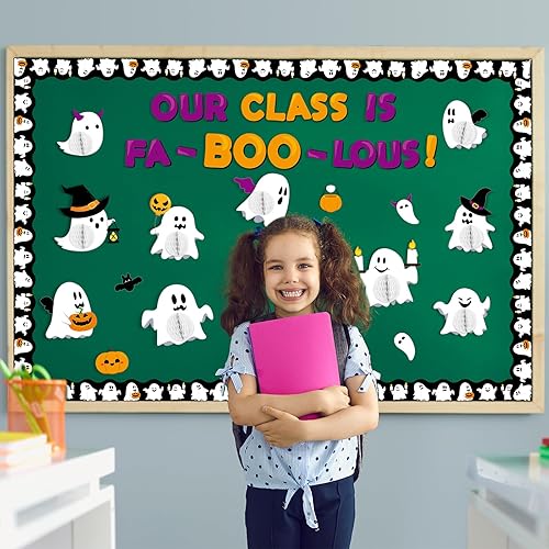 Miniatura 6 de Juego de tableros de anuncios de bolas de panal de fantasmas de Halloween, recortes de fantasma, calabaza, murciélago, cortes de papel para fiesta