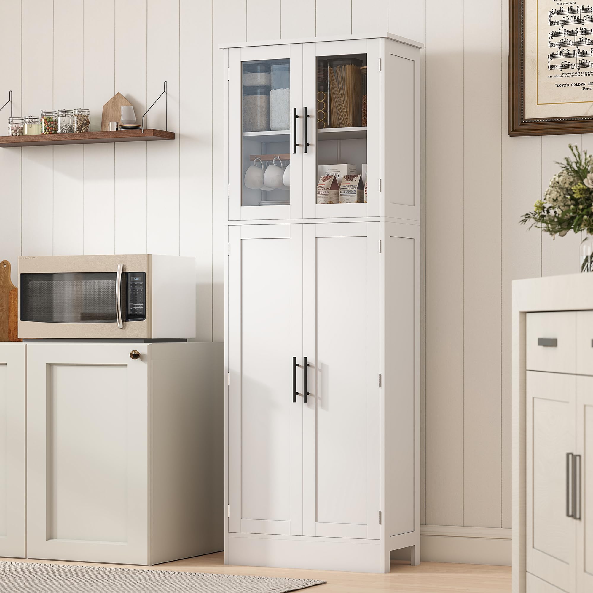 HOMCOM Mobile Bagno Alto con Ante in Vetro e 2 Armadietti, Mobiletto Bagno Salvaspazio con Ripiani Regolabili, Armadio da Terra per Sala da Pranzo Salotto Soggiorno Cucina, 60x30x170 cm, Bianco
