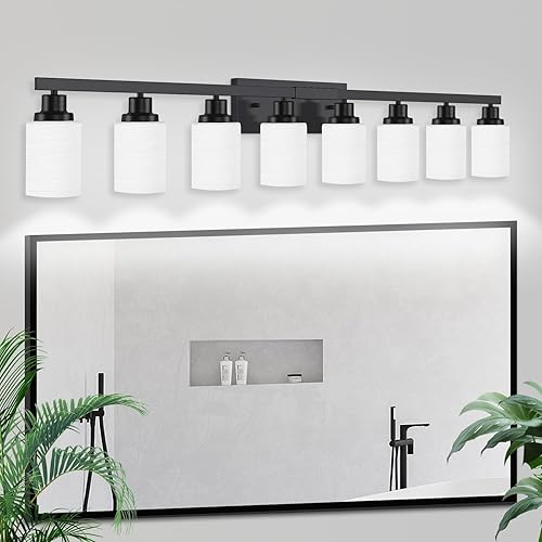 Miniatura 8 de Lámparas de baño de 8 luces sobre el espejo, 52 pulgadas, modernas luces de tocador negras mate con pantalla de vidrio esmerilado blanco, apliques