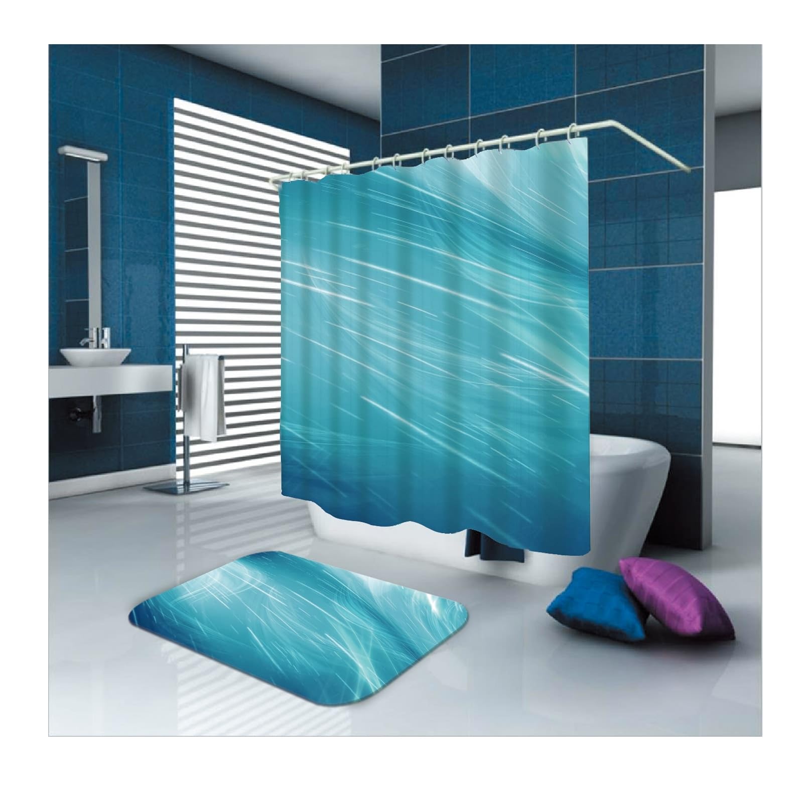 Rideau de douche anti-moisissure lavable en polyester bleu 120x180 cm
