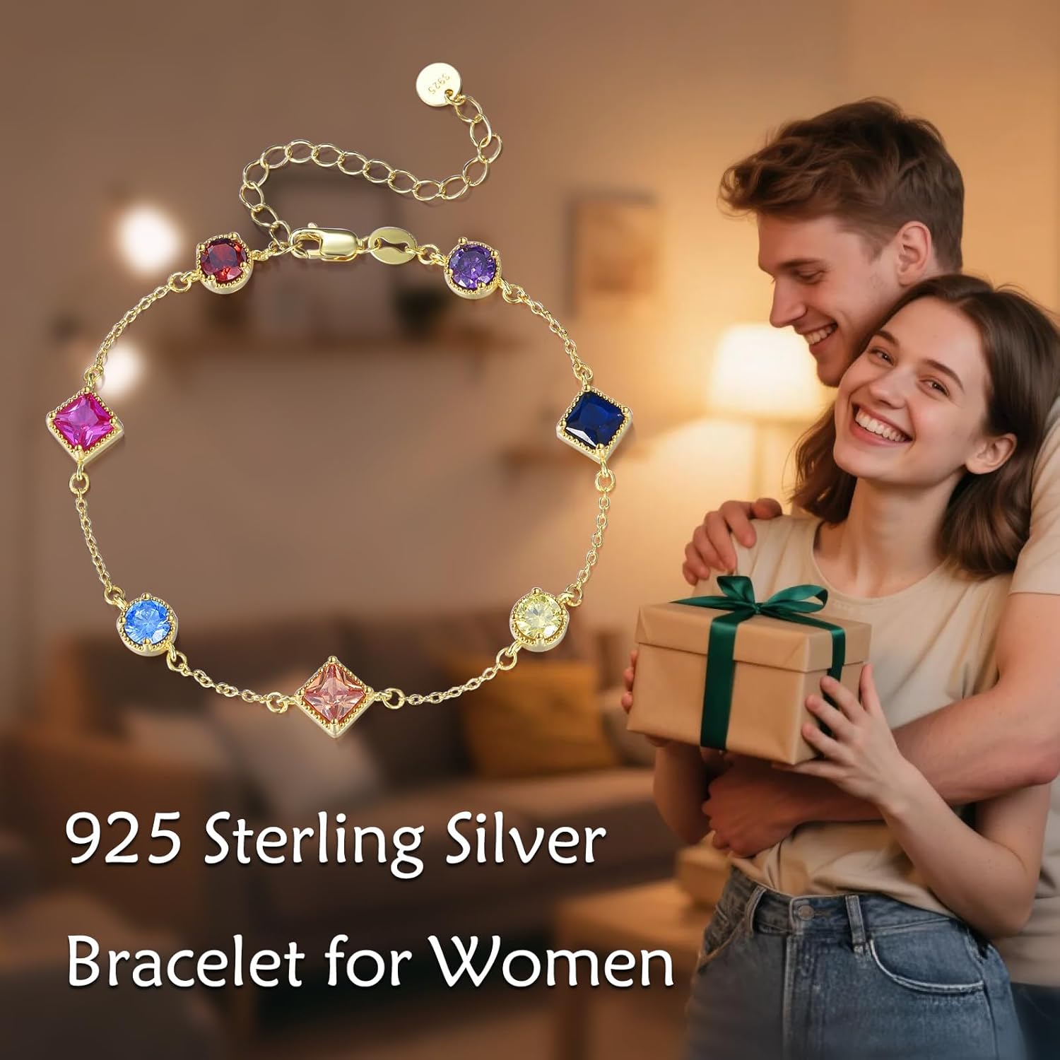 Birthstone Bracelet for Women, 925 Sterling Silver Plated 18k Gold Round/Square-Cut 5A Colored Cubic Zirconia Bracelet, Exquisite Jewelry Anniversary Birthday Gift for Wife Mother 7+2 "