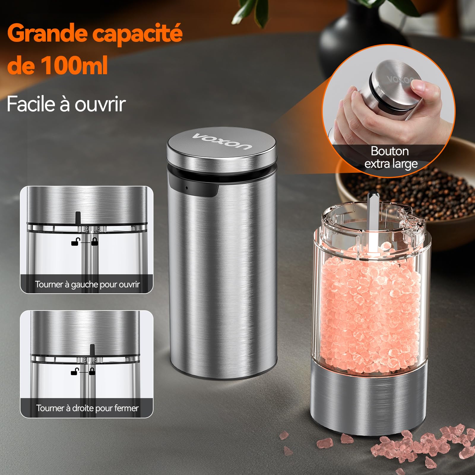 VOXON Lot de 2 moulins à sel et à poivre rechargeable USB, 5 niveaux de mouture réglable, électrique avec lumière LED