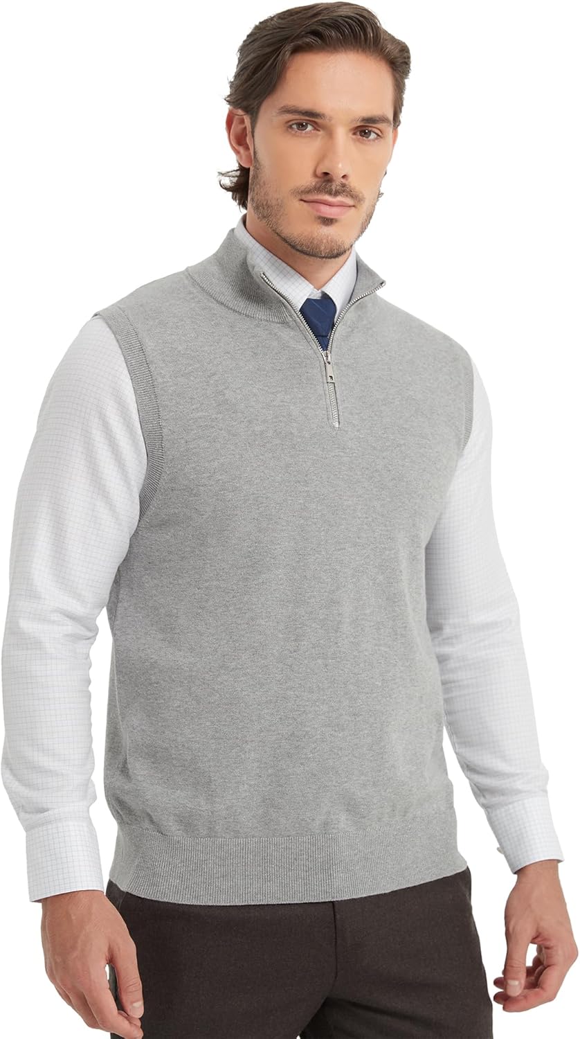 Kallspin Mens Pure Cotton Quarter Zip Sweater Vest V Neck Lightweight Sleeveless Knitted Pullover for Golf Casual