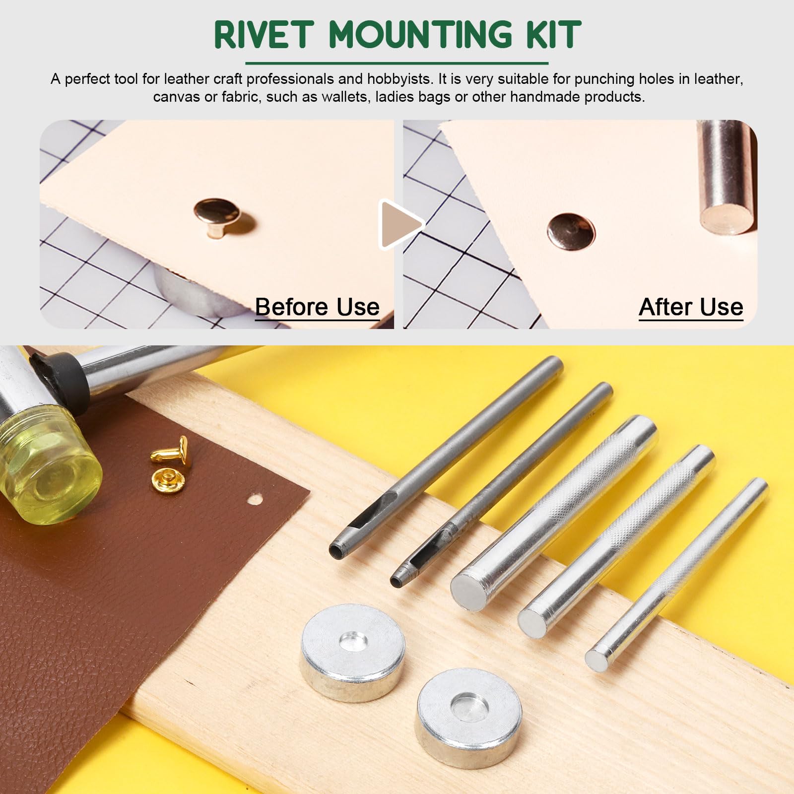 Keadic 7-Piece Leathercraft Rivet Install Punch Set – Stainless Steel Hole Punches & Setters For 4-10mm Rivets – DIY Shoes, Bags, Belts