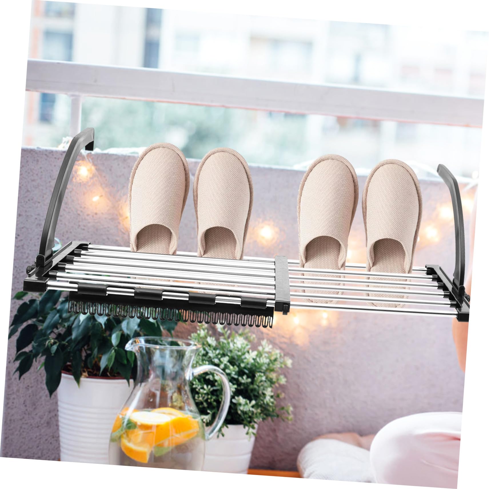 Stendibiancheria Da Balcone Antivento in Acciaio Resistente 42-73 Cm, Appendiabiti Per Calzini 4 Fermavento e 1 Clip, Pieghevole e Salvaspazio Per Casa e Balcone