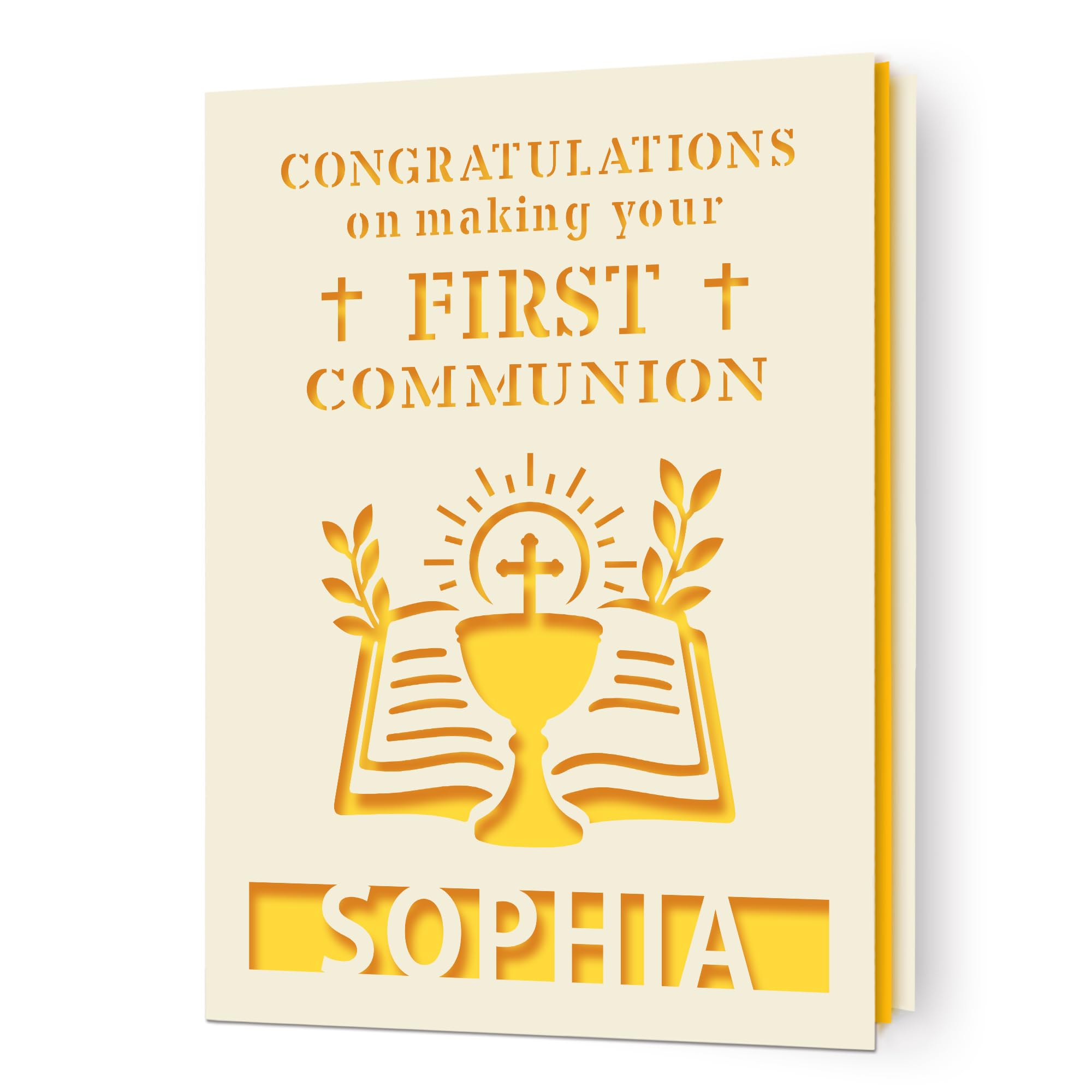 EDSG Personalised First Holy Communion Card, Communion Congratulations Card with Envelope, First Holy Communion Card Gifts for Boys Girls Daughter Granddaughter Grandson (Gold)
