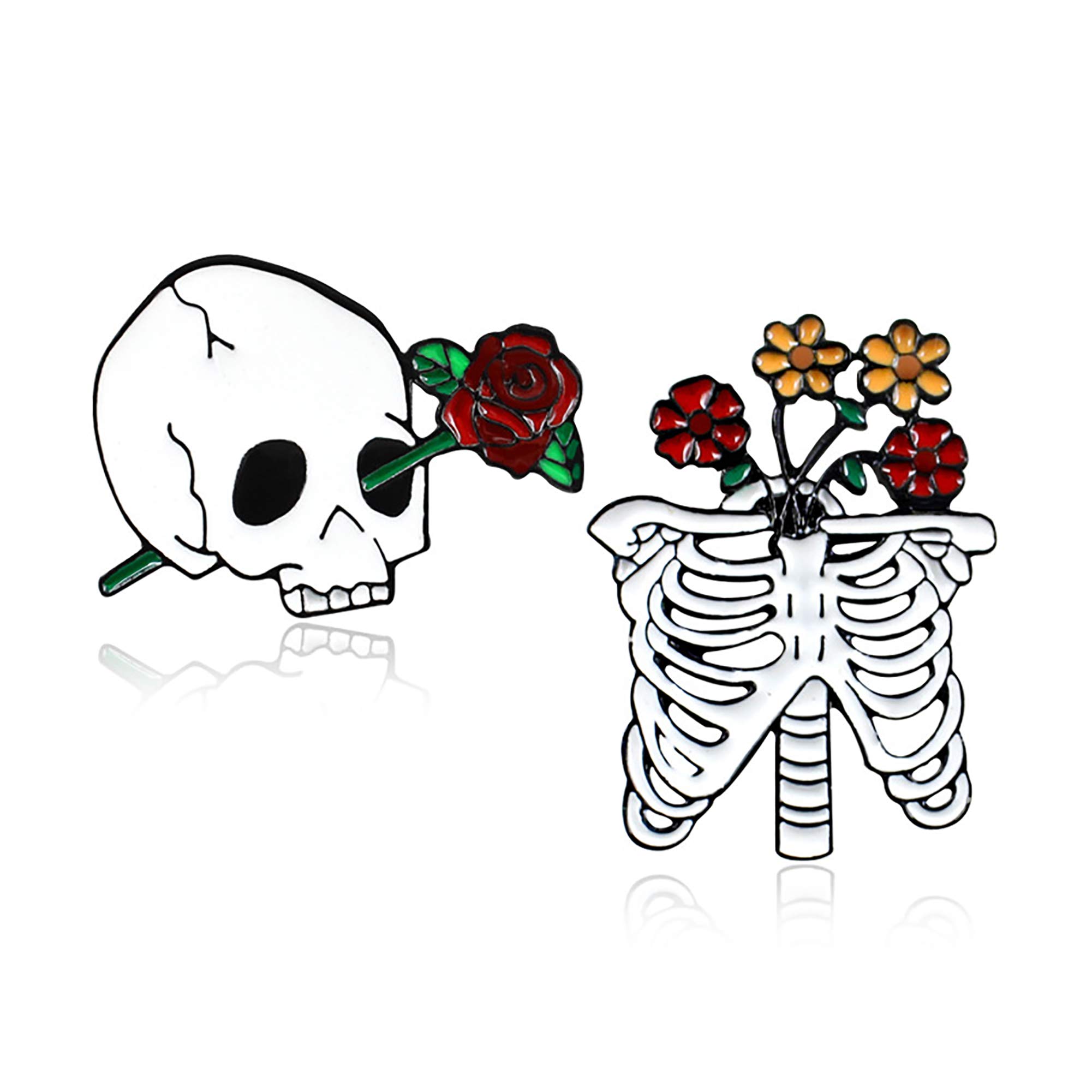 YONGHUI 2 PCS Creative Halloween Skull Red Rose Brooch Pins for Men Women Coat Jacket Bag Decoration Accessories Gifts, Metal
