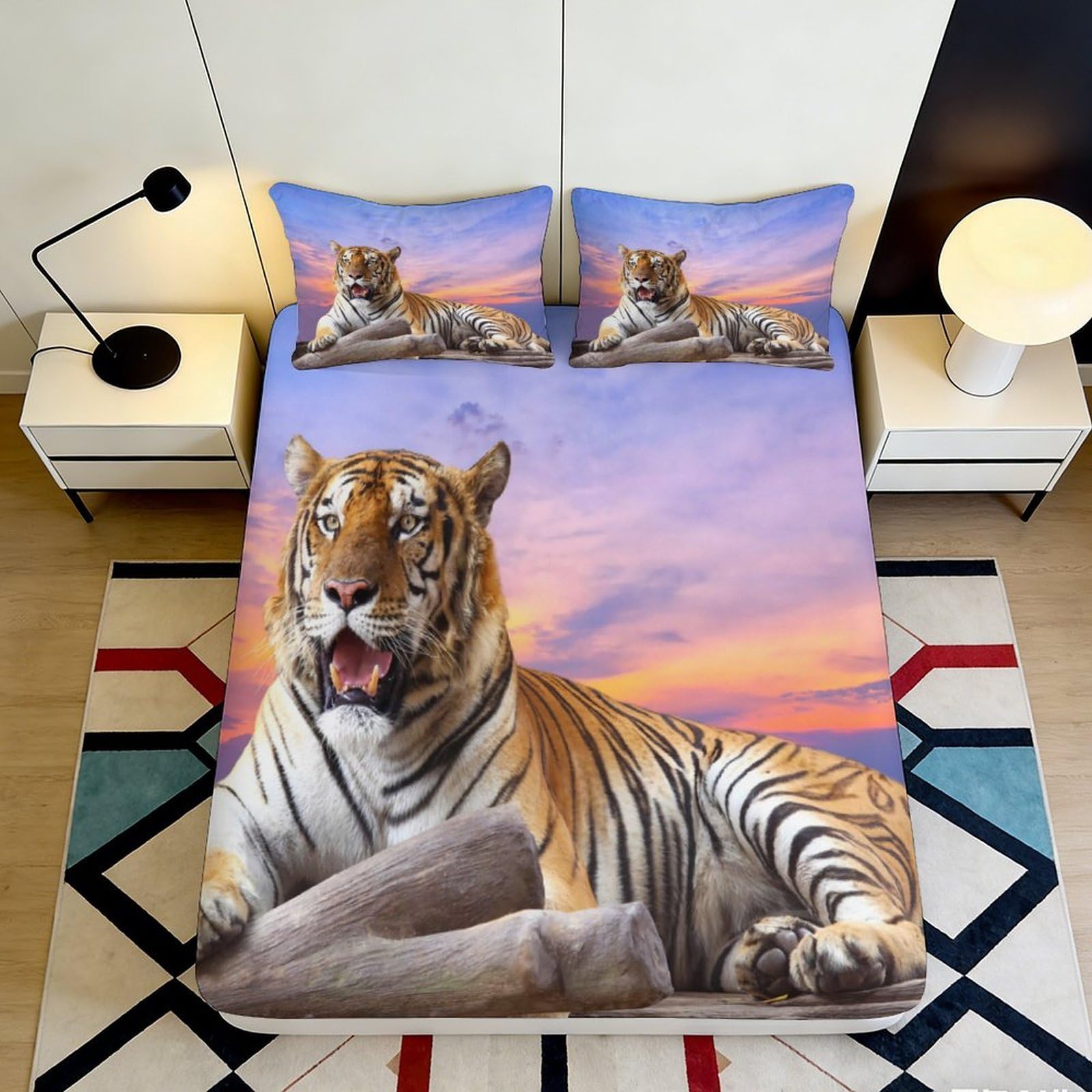 3D Printed Sunset Tiger Fitted Sheet Microfiber Soft Anti-Slip Jungle Animal Mattress Cover for Bedroom Guest Room Decor 90x200x25cm