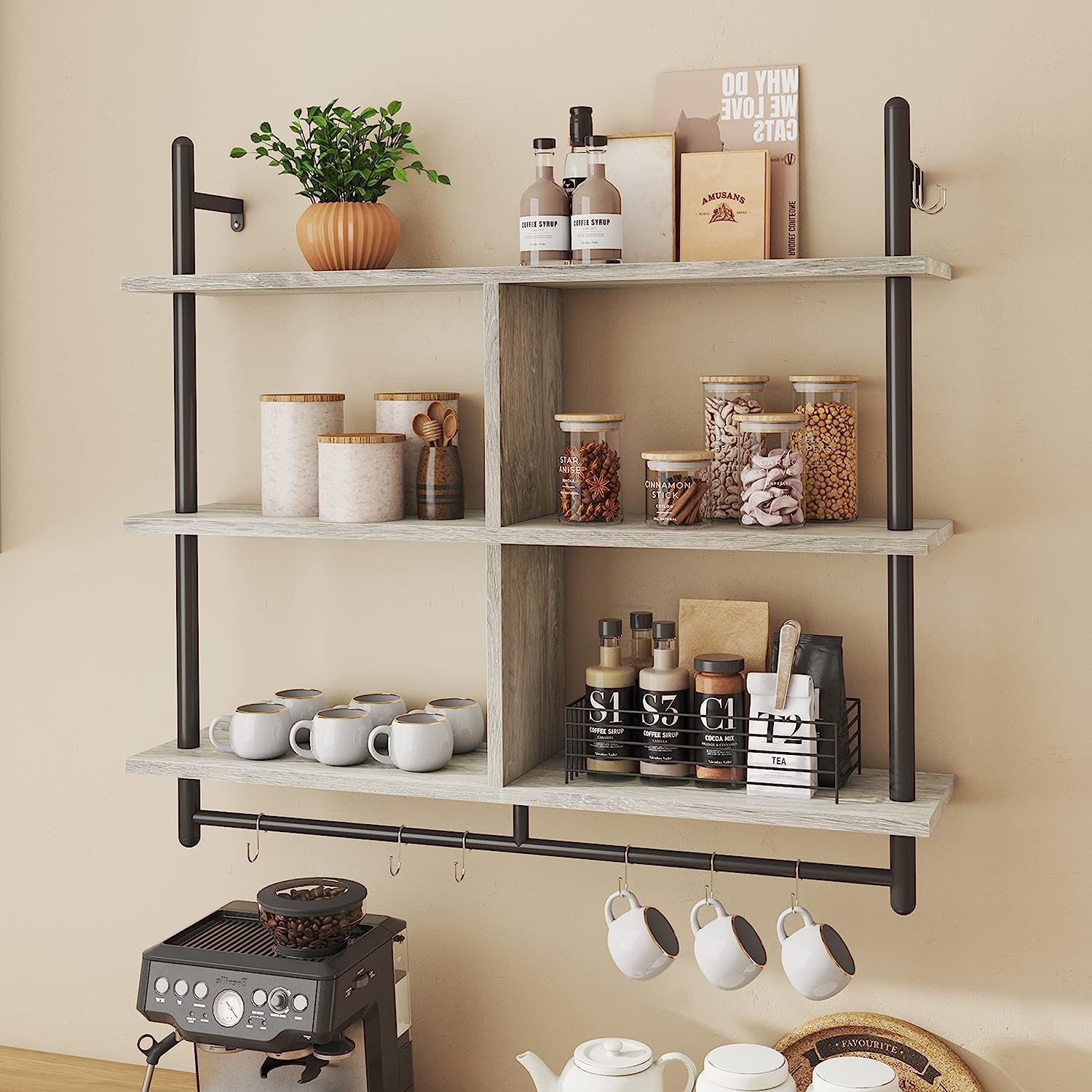 Bestier Estantes de Cocina Estantería Flotante para Tubos de Pared Estantería para Barra de Café de 3 Niveles de 106 CM con Soporte Estante de Almacenamiento Decoración del Hogar, Blanco
