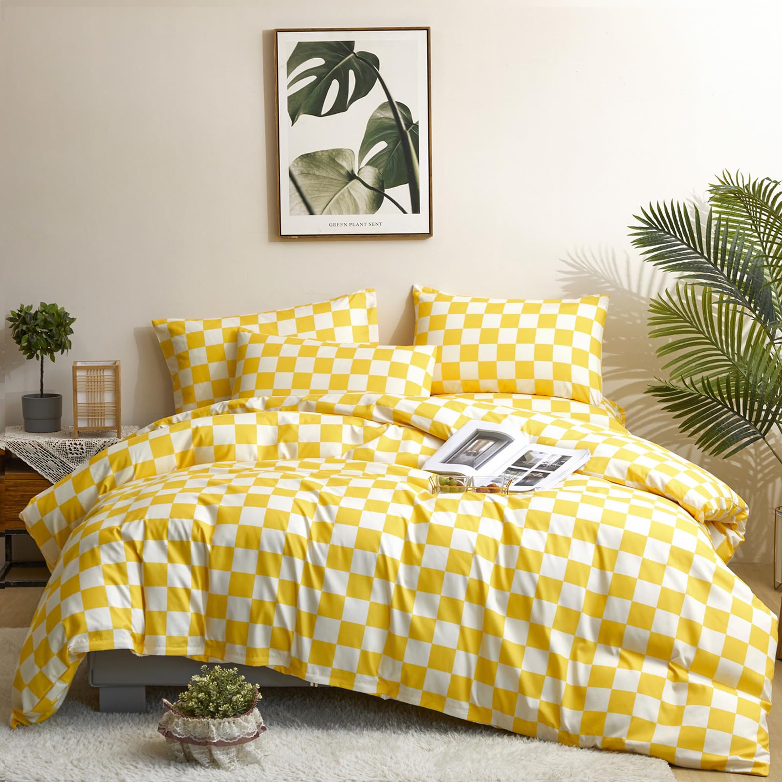 Houseri Yellow White Plaid Comforter Sets Twin Size Girls Boys Kids Light Yellow Checkerboard Dorm Bed Comforters Twin Bright Yellow Buffalo Checkered