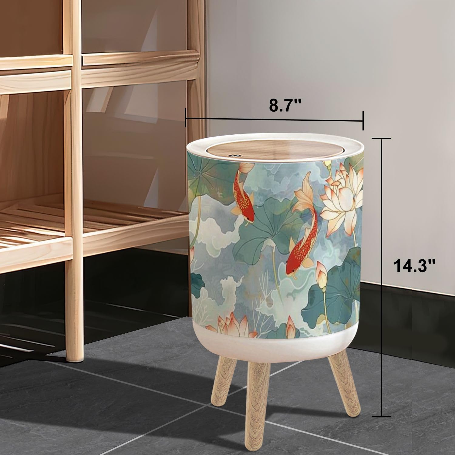 Small Trash Can with Lid Luxury gold oriental style Chinese Japanese oriental line art golden 1.8 Gallon/7L Garbage Can Waste Bin with Pop-Up Lid Wood Legs Wastebasket for Bathroom Kitchen Bedroom